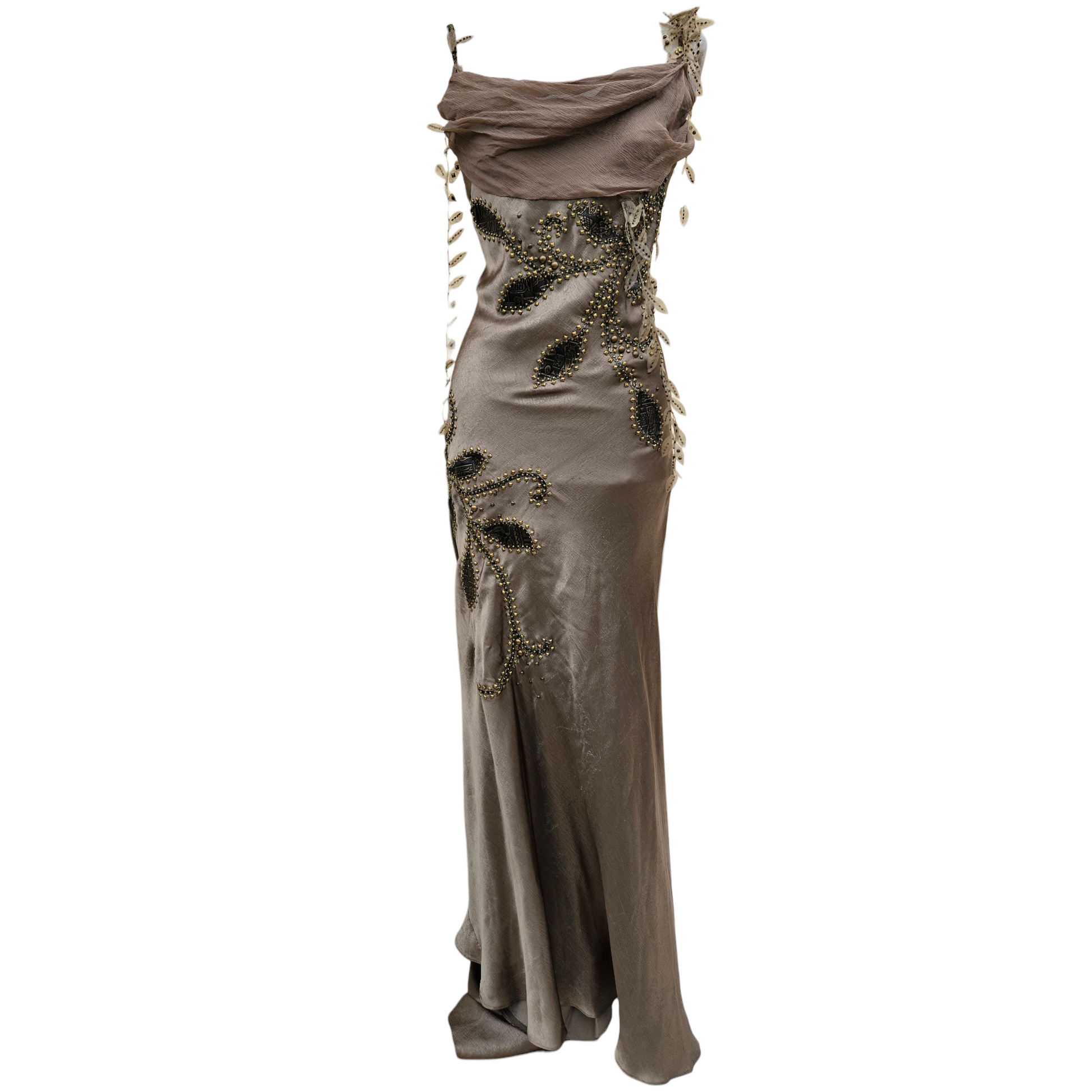 Vintage taupe beaded evening gown with leaf embroidery and draped neckline, romantic Y2K fairycore formal dress by Lucid Dream 2007.