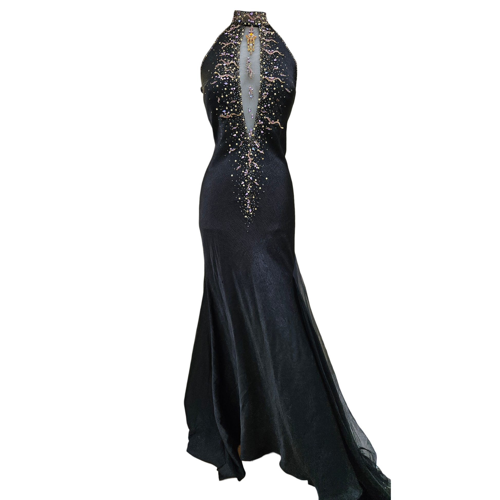 Vintage black halter evening gown with beaded embellishments, open front detail and flowing train, elegant Y2K glam fairycore formal dress by Lucid Dream 2007.