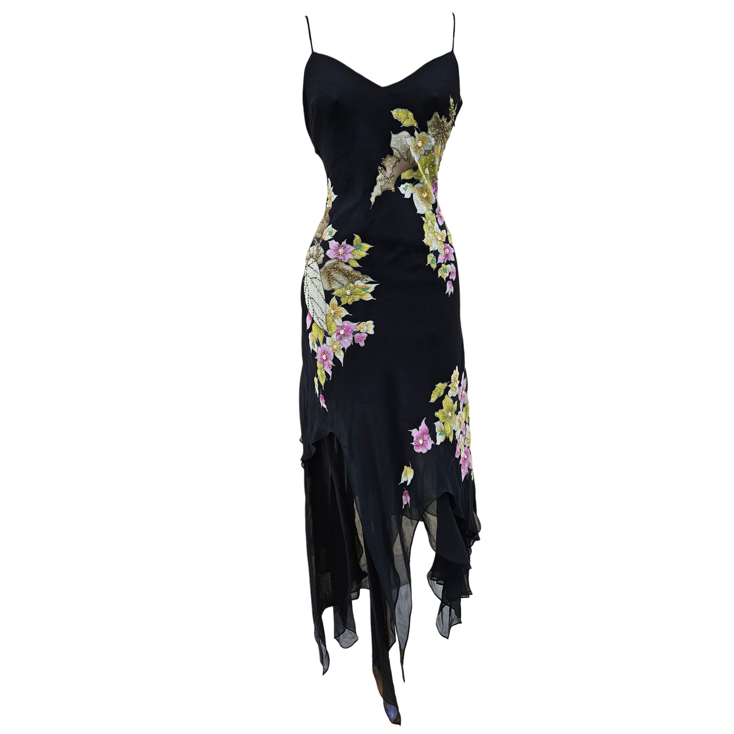 Vintage black silk dress with floral beaded appliqués and asymmetrical chiffon hem, dreamy fairycore Y2K evening dress by Lucid Dream 2007.