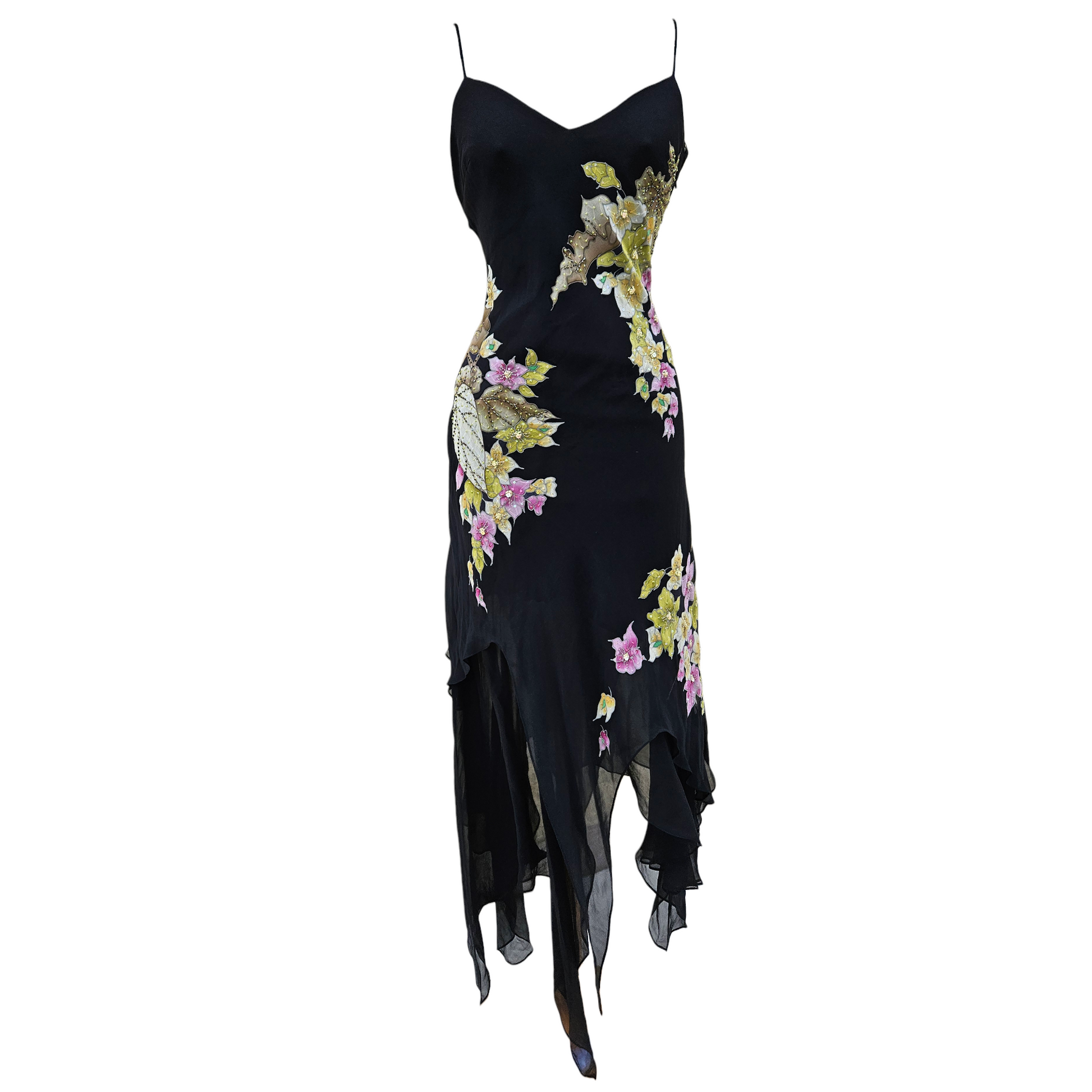 Vintage black silk dress with floral beaded appliqués and asymmetrical chiffon hem, dreamy fairycore Y2K evening dress by Lucid Dream 2007.