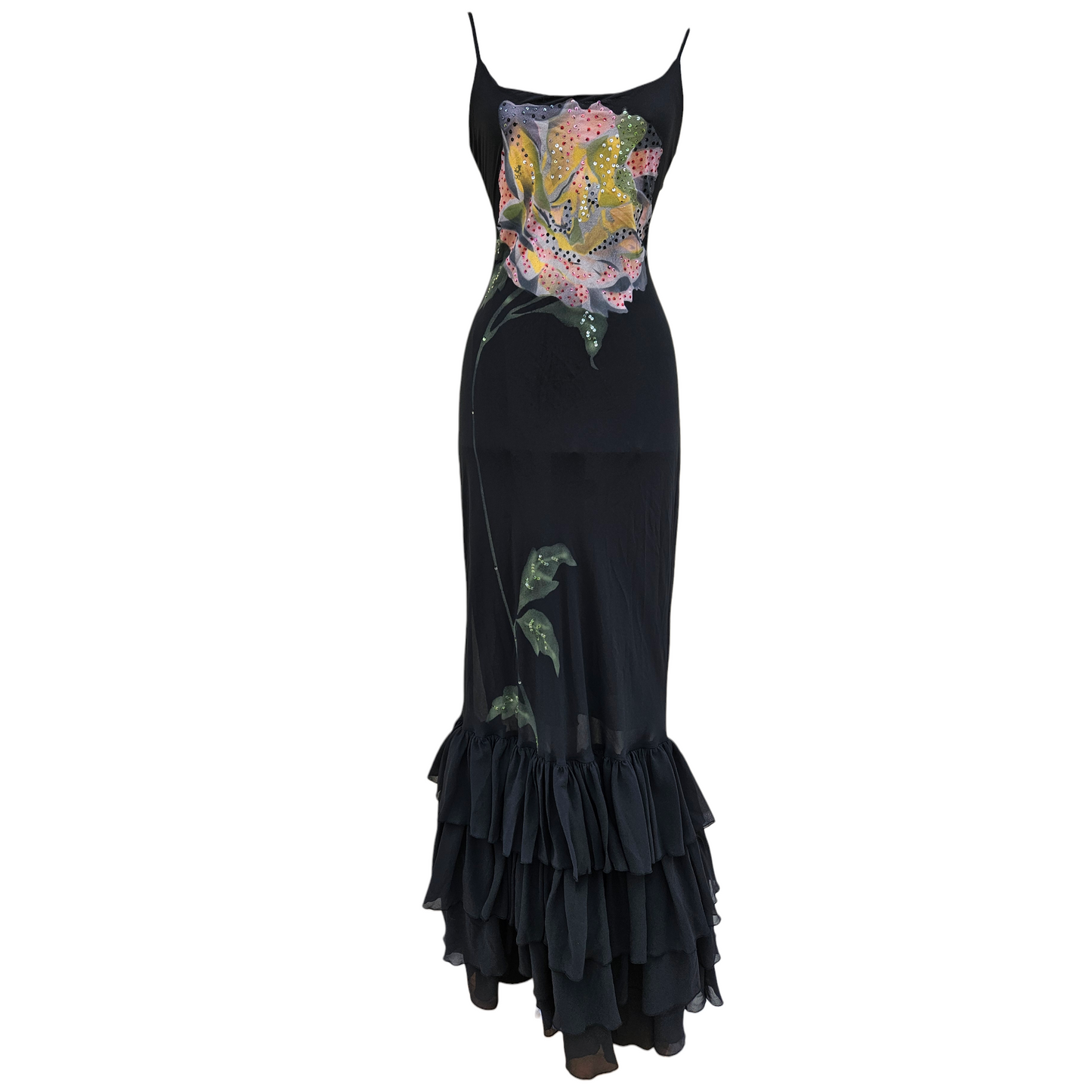 Vintage black fairycore evening dress with hand-painted floral design and rhinestone details, open back with tie straps and layered ruffle hem, dreamy whimsigoth silhouette.