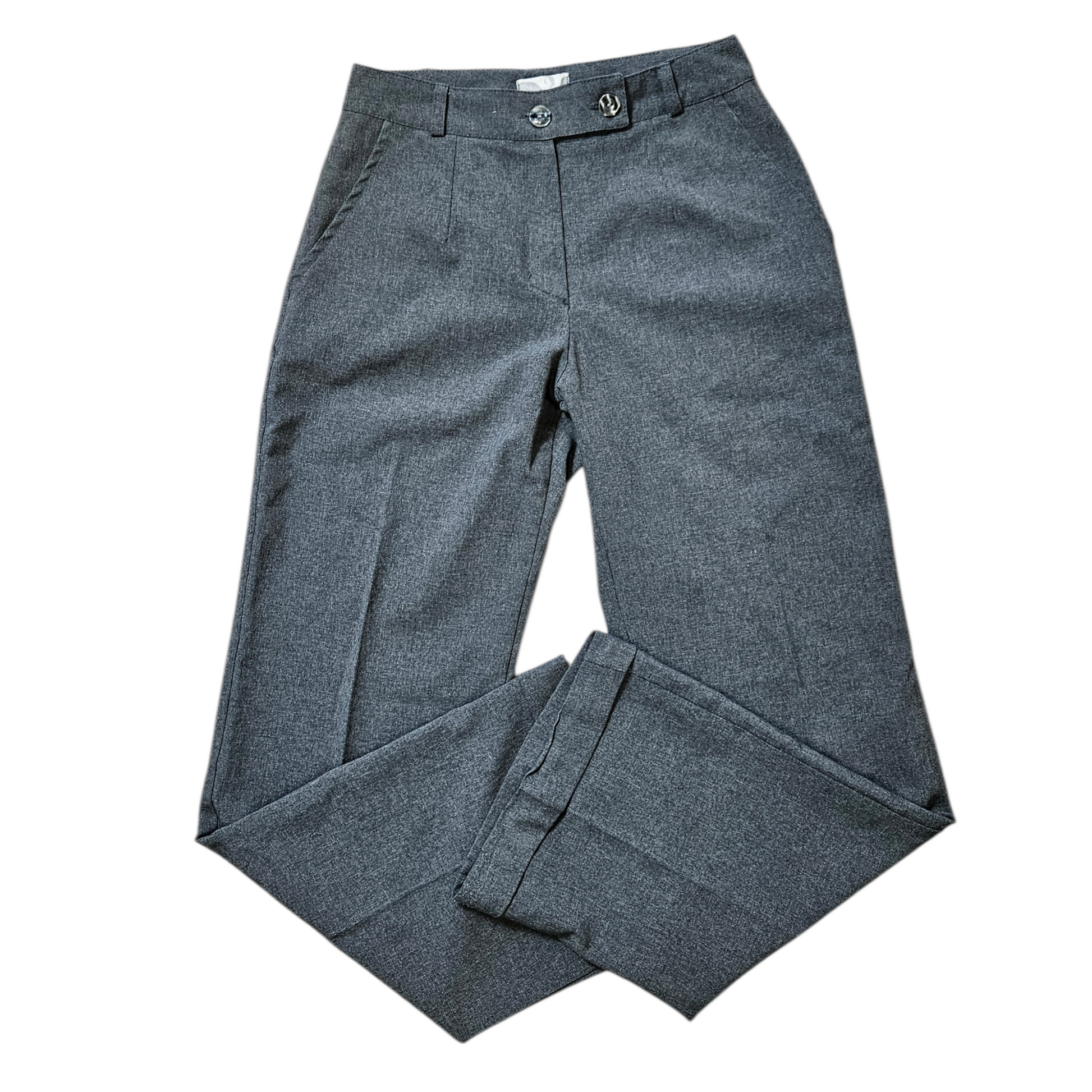 Vintage grey tailored trousers with slight flare leg, minimalist Y2K tailored pants aesthetic by Lucid Dream 2007.