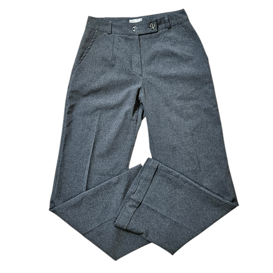 Vintage grey tailored trousers with slight flare leg, minimalist Y2K tailored pants aesthetic by Lucid Dream 2007.