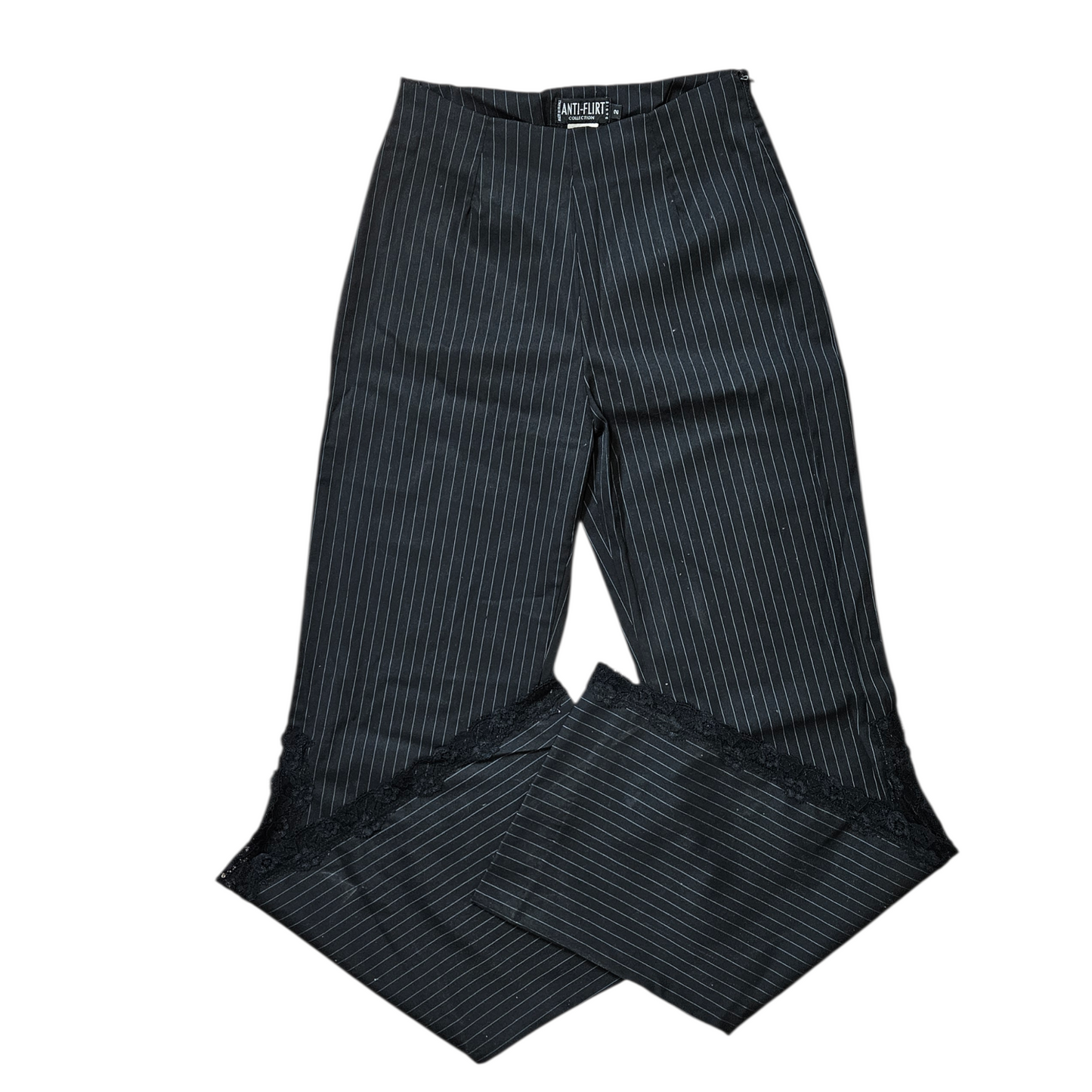 Vintage black pinstripe pants with lace side panels, elegant Y2K gothic whimsigoth aesthetic trousers by Lucid Dream 2007.