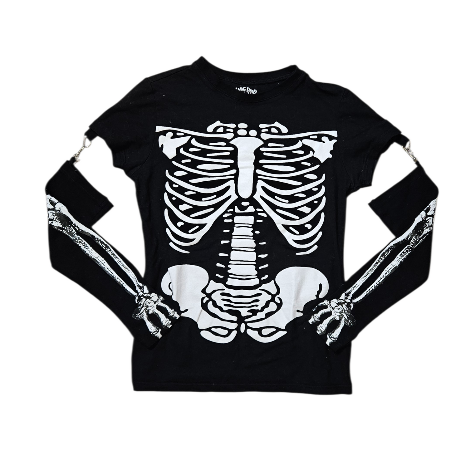 Black skeleton graphic Y2K top with detachable sleeves, gothic cyber fairycore aesthetic tee with edgy whimsigoth Halloween vibe.
