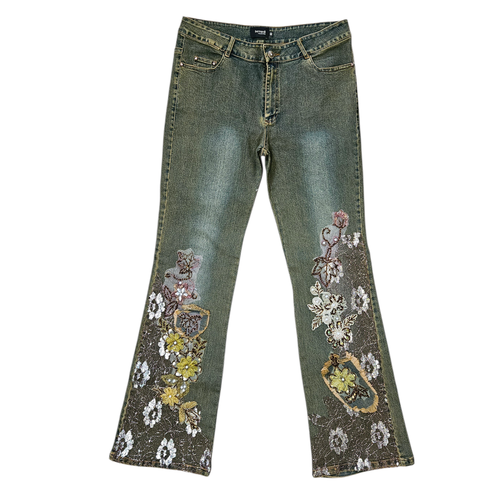 Vintage green embroidered flare jeans with romantic floral appliqué details, dreamy Y2K fairycore vibe by Lucid Dream 2007.