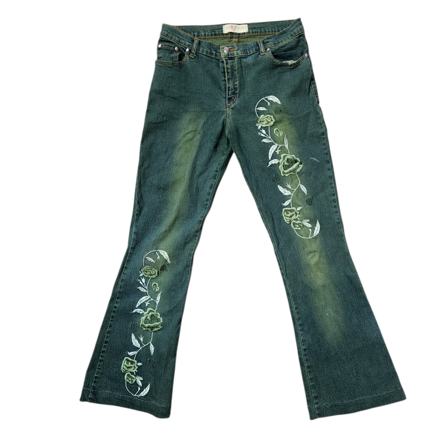 Vintage green embroidered flare jeans with floral patterns, dreamy Y2K fairycore aesthetic denim by Lucid Dream 2007.