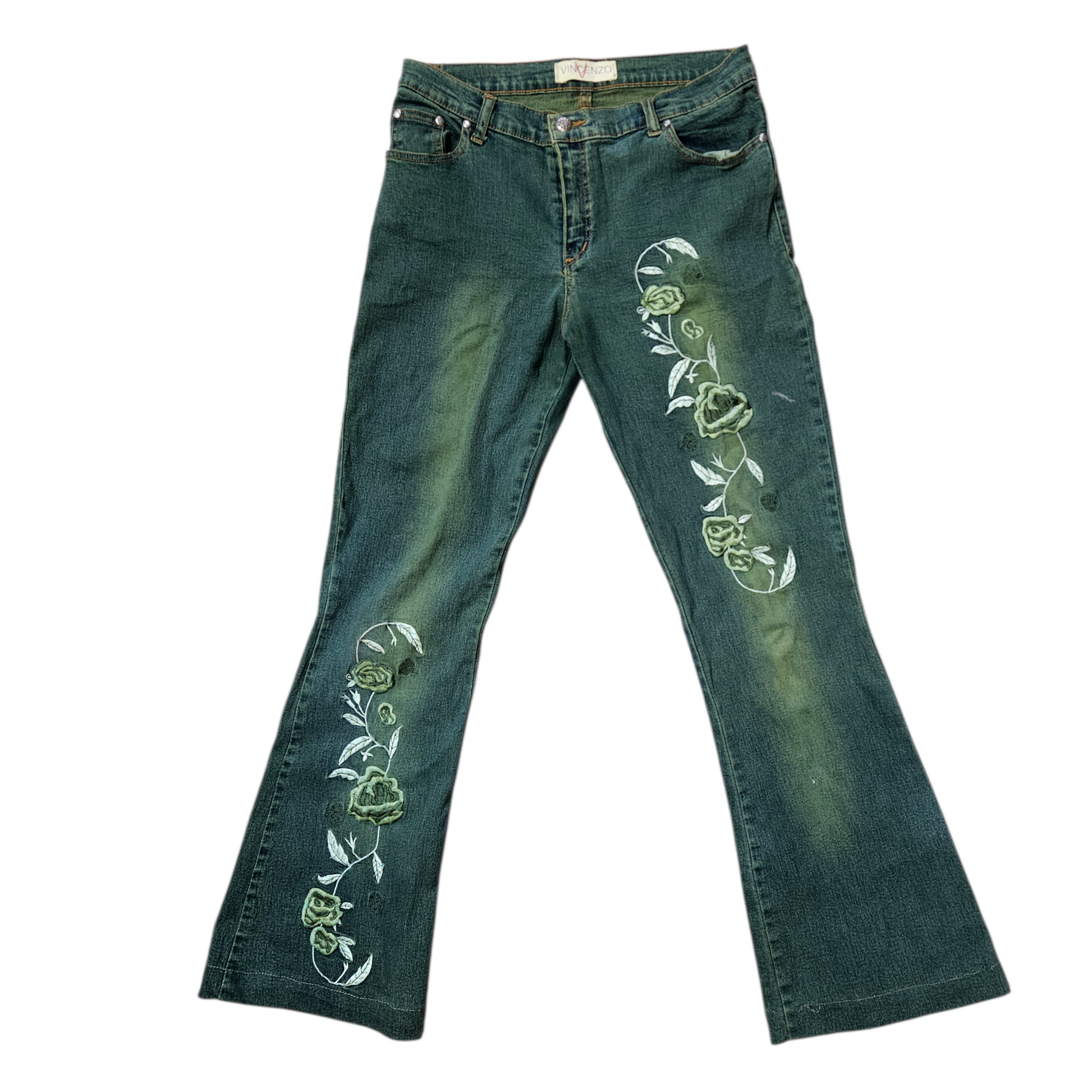 Vintage green embroidered flare jeans with floral patterns, dreamy Y2K fairycore aesthetic denim by Lucid Dream 2007.