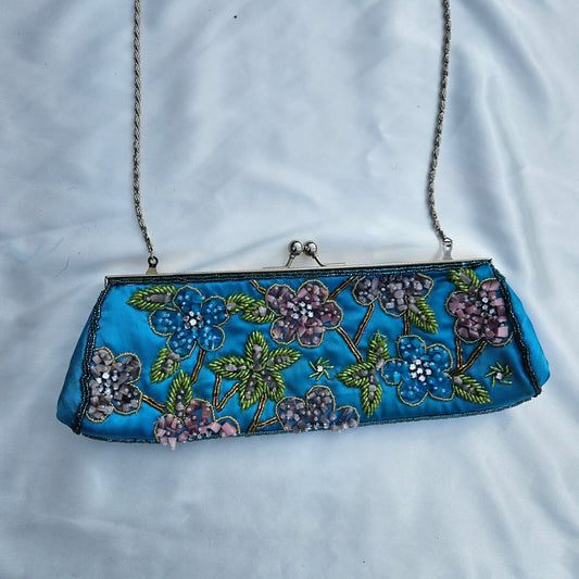 Vintage blue beaded floral evening bag with satin finish and chain strap, romantic fairycore Y2K statement purse, dreamy garden party aesthetic by Lucid Dream 2007.