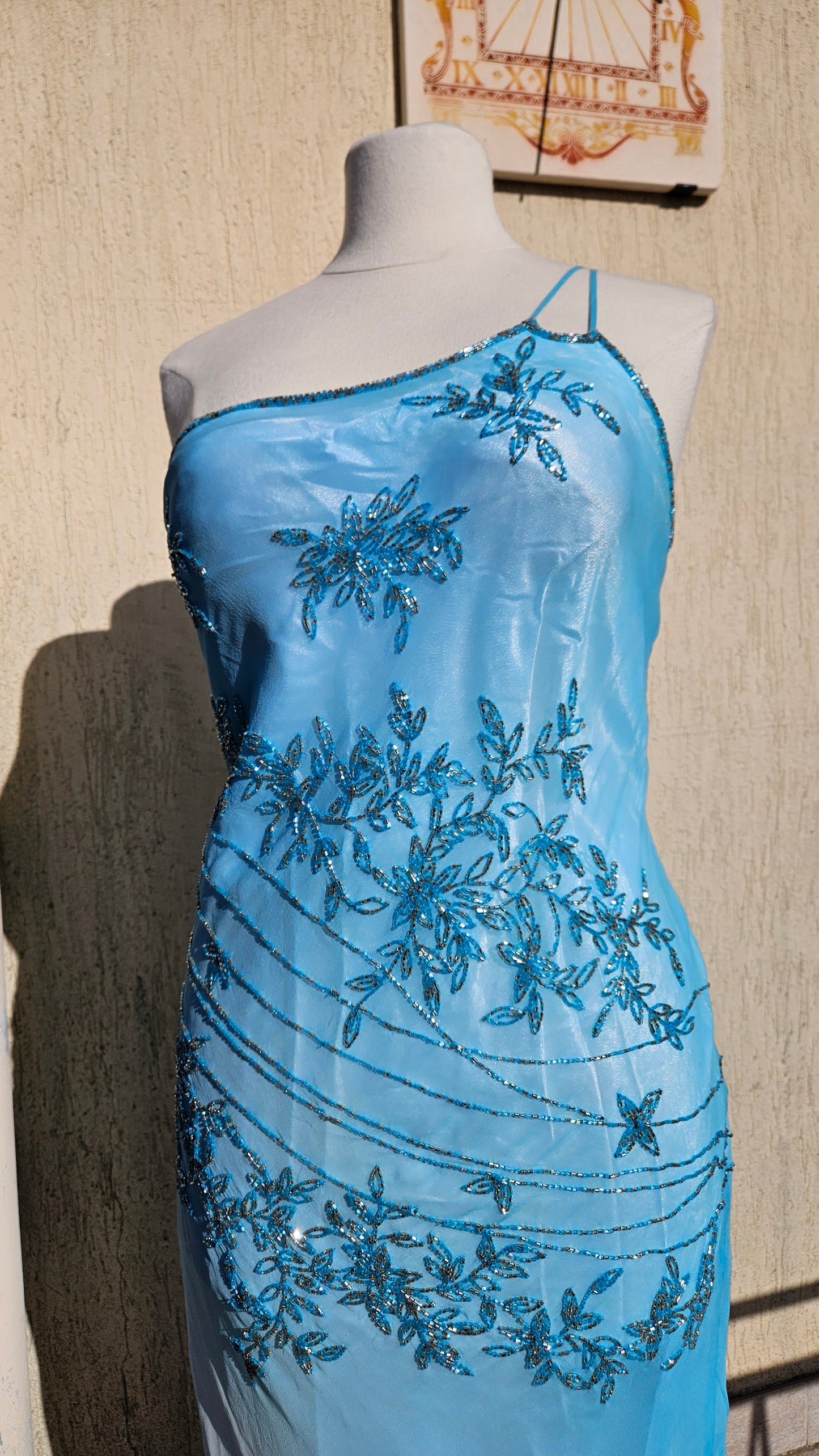 Maxi dress in embroidered silk with blue tones