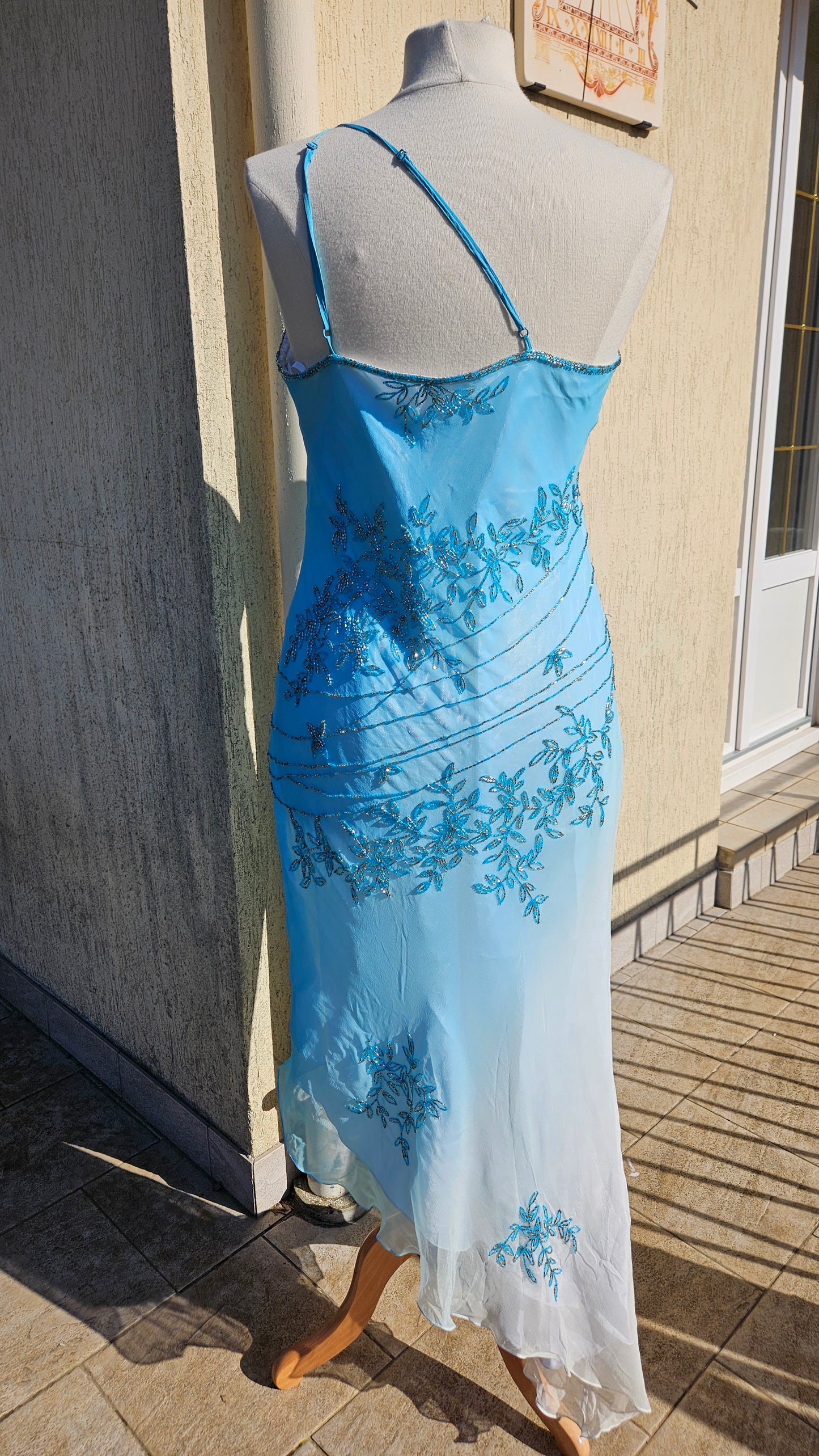Maxi dress in embroidered silk with blue tones