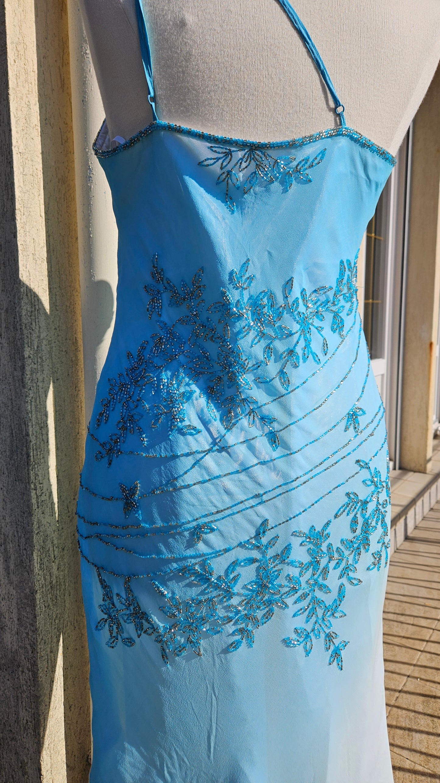 Maxi dress in embroidered silk with blue tones
