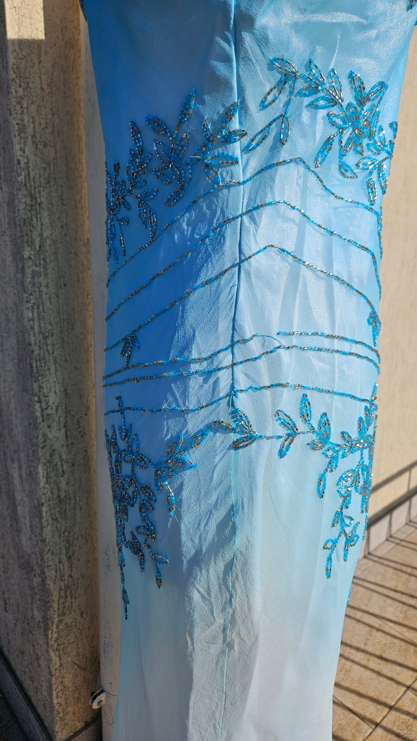 Maxi dress in embroidered silk with blue tones