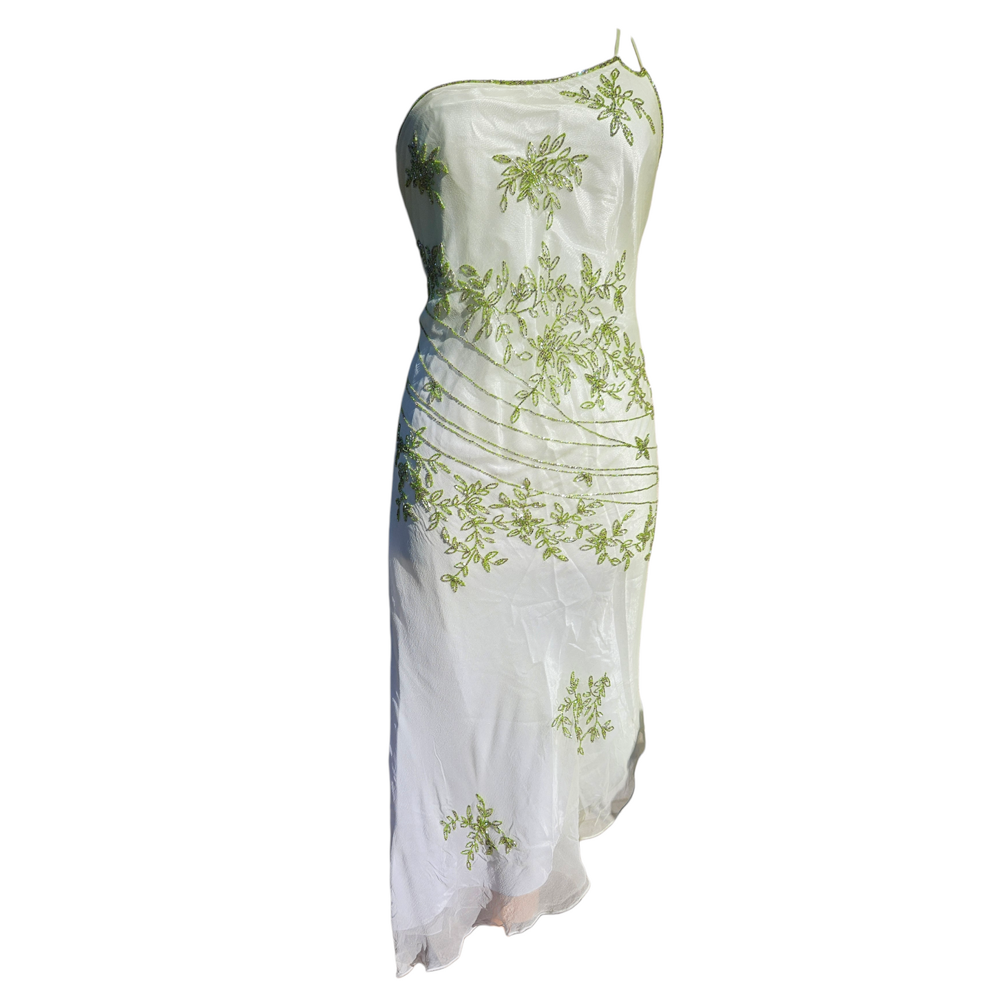 Maxi dress in embroidered silk with green tones