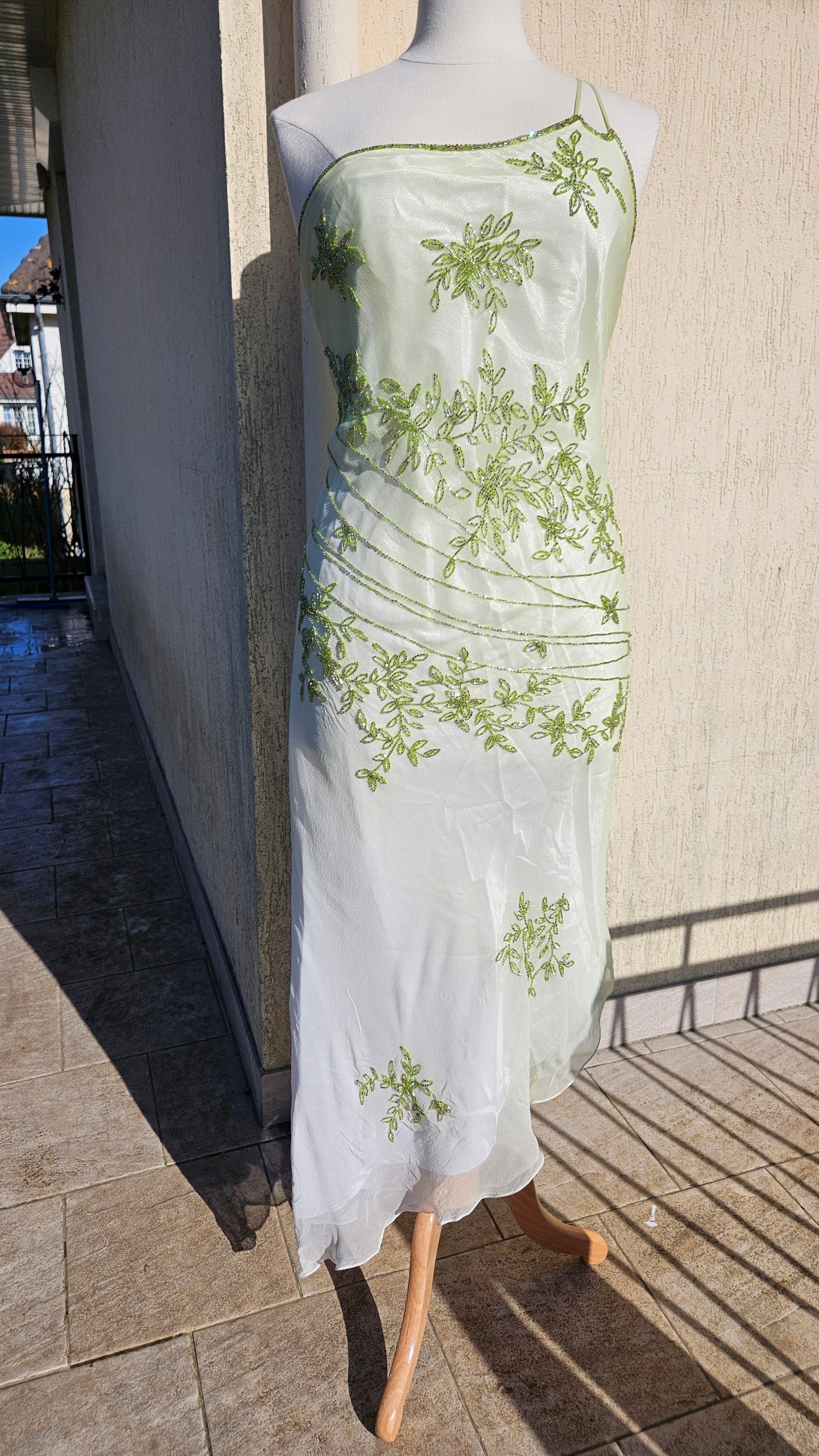 Vintage pastel green beaded slip dress with floral embroidery, ethereal fairycore prom gown by Lucid Dream 2007.
