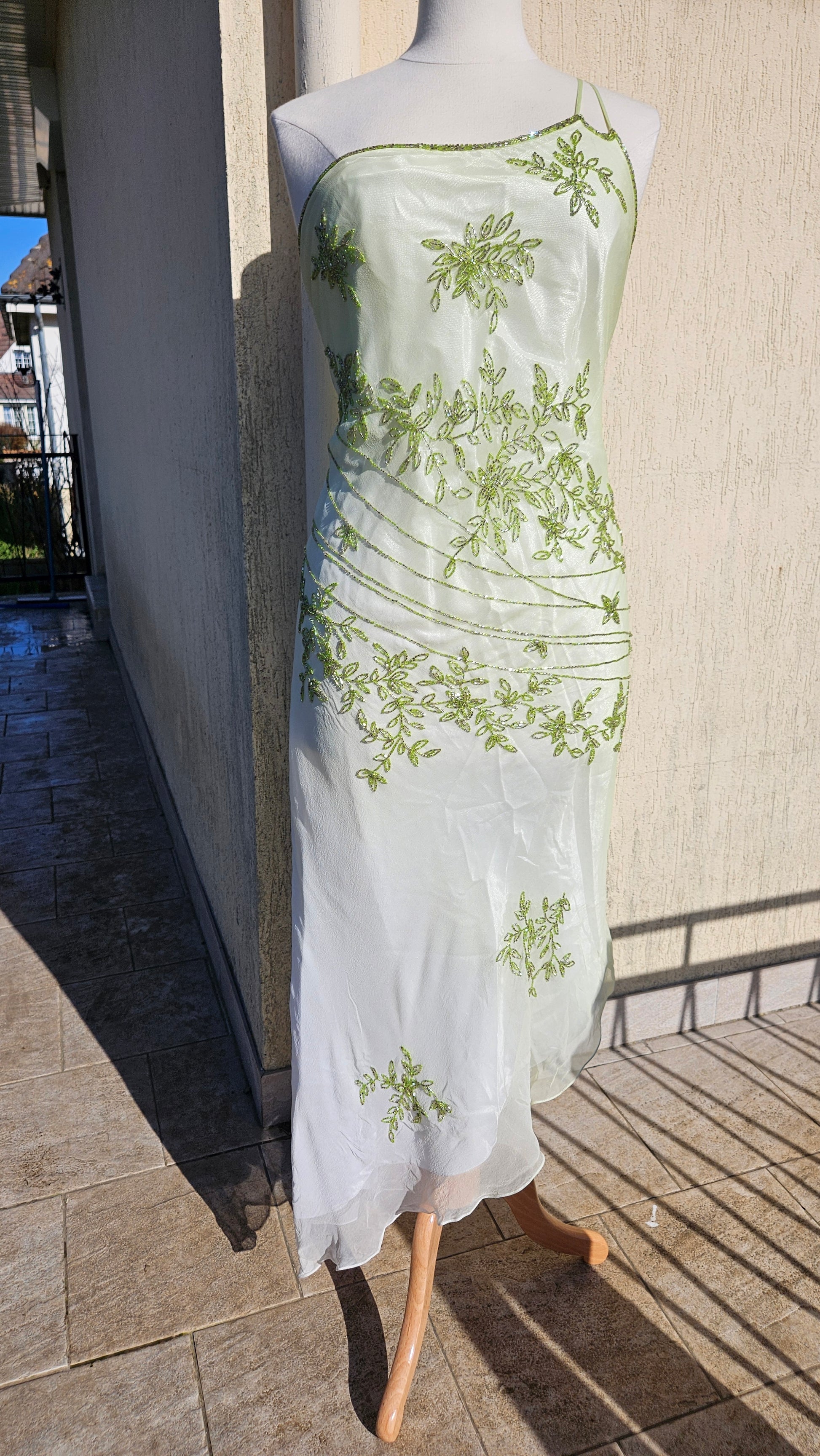Vintage pastel green beaded slip dress with floral embroidery, ethereal fairycore prom gown by Lucid Dream 2007.