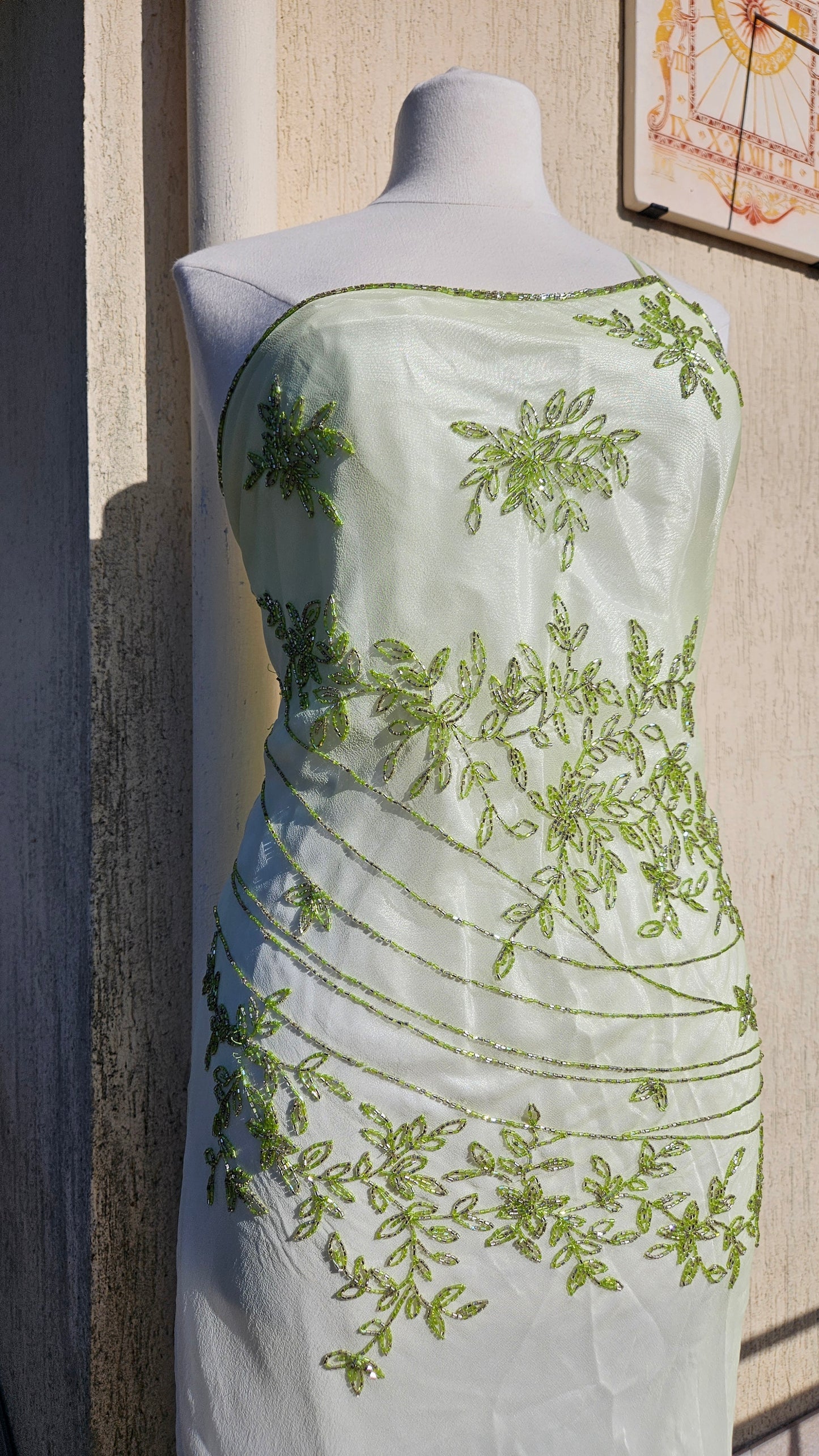 Maxi dress in embroidered silk with green tones