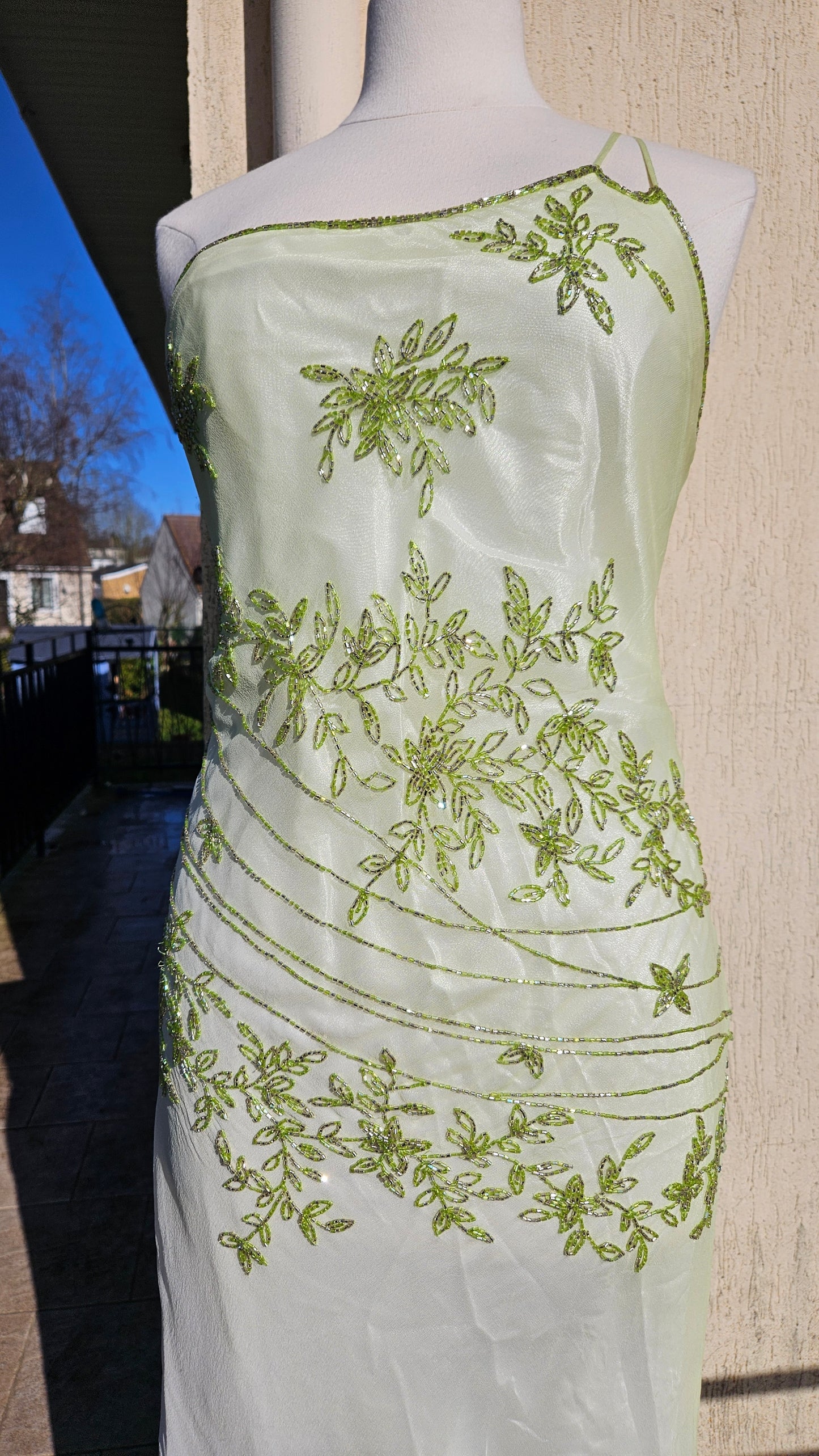 Maxi dress in embroidered silk with green tones