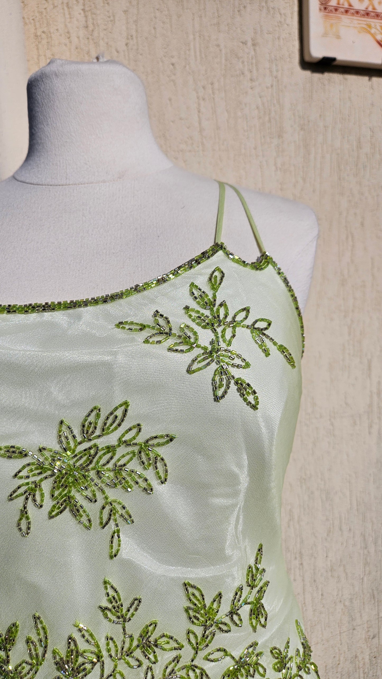 Maxi dress in embroidered silk with green tones