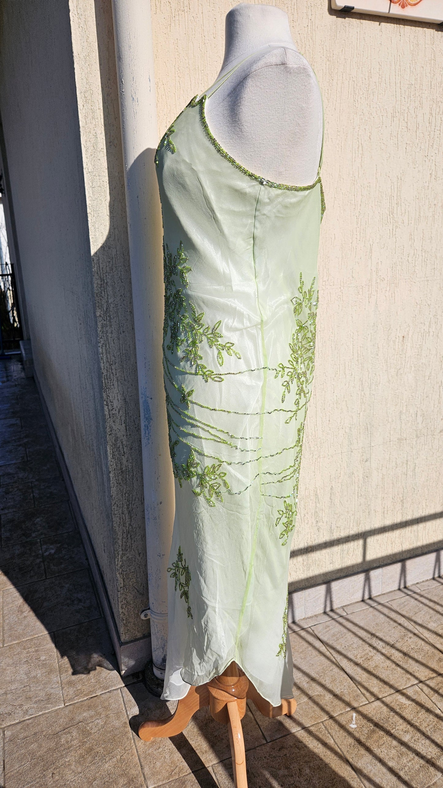 Maxi dress in embroidered silk with green tones