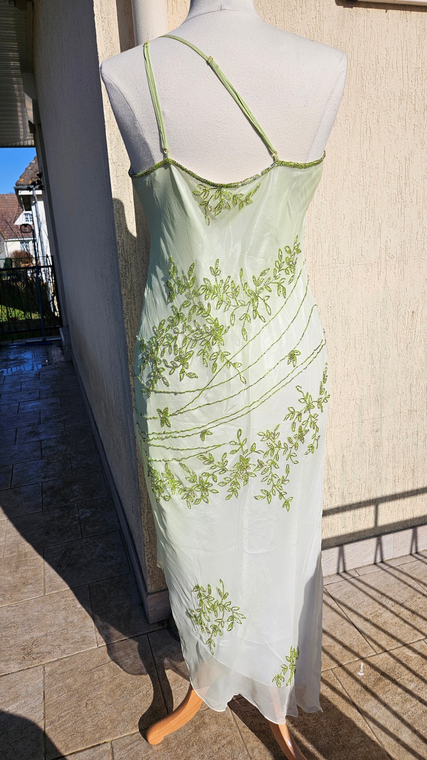 Maxi dress in embroidered silk with green tones