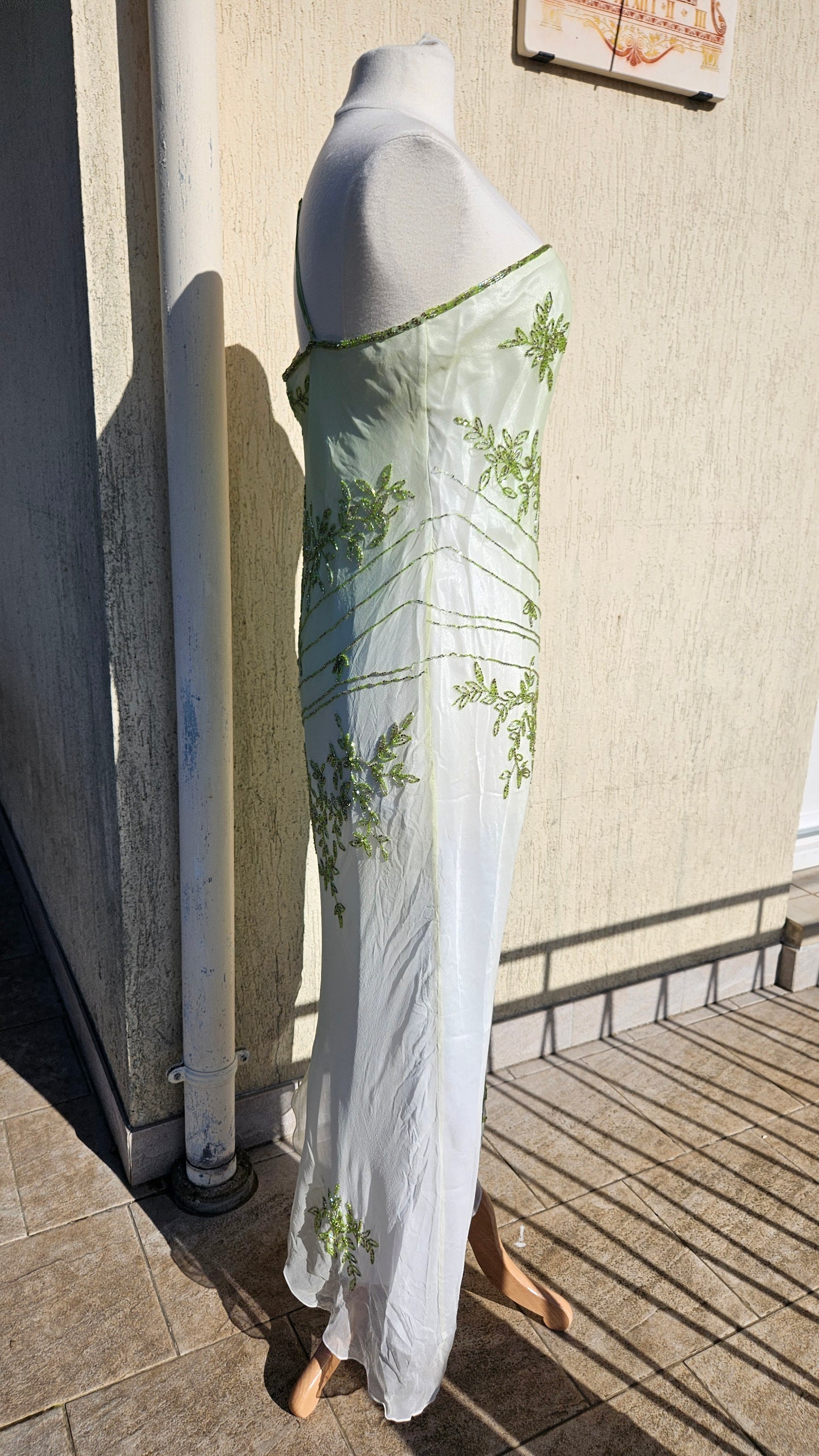 Maxi dress in embroidered silk with green tones