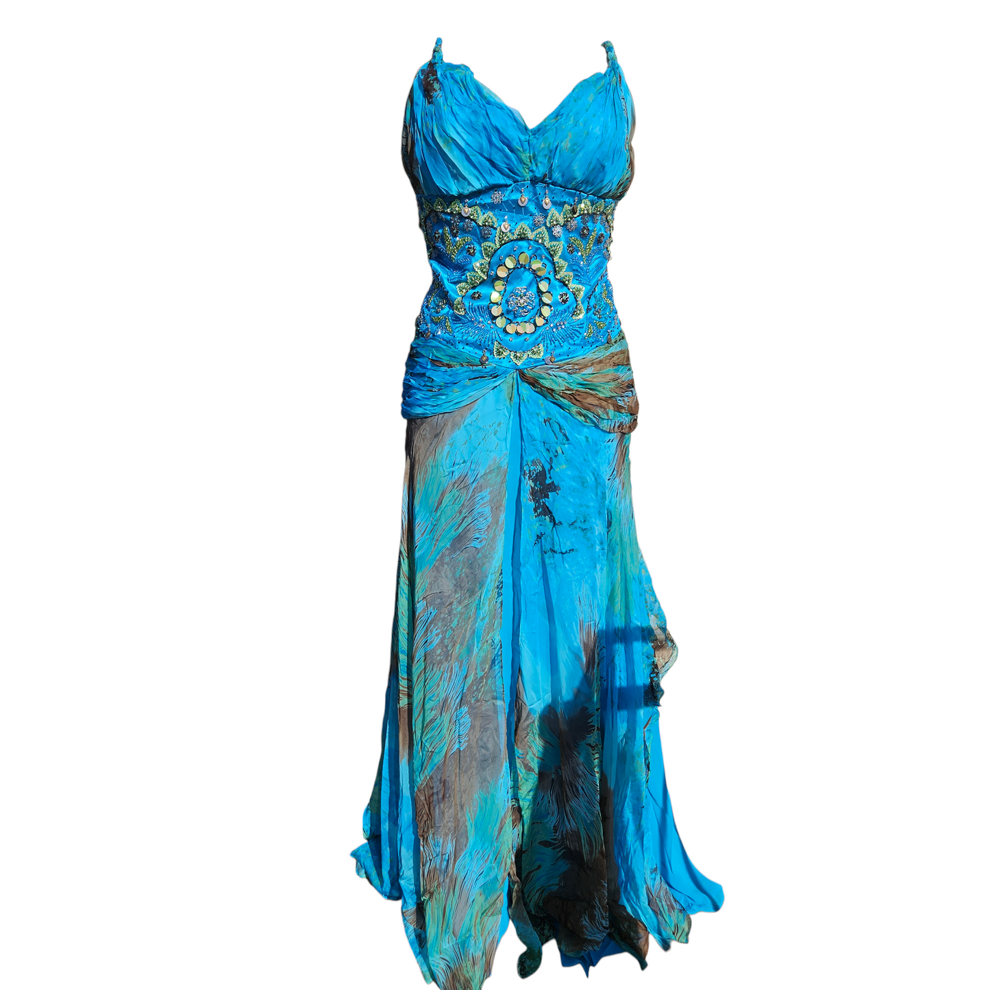 Long blue embroidered silk dress