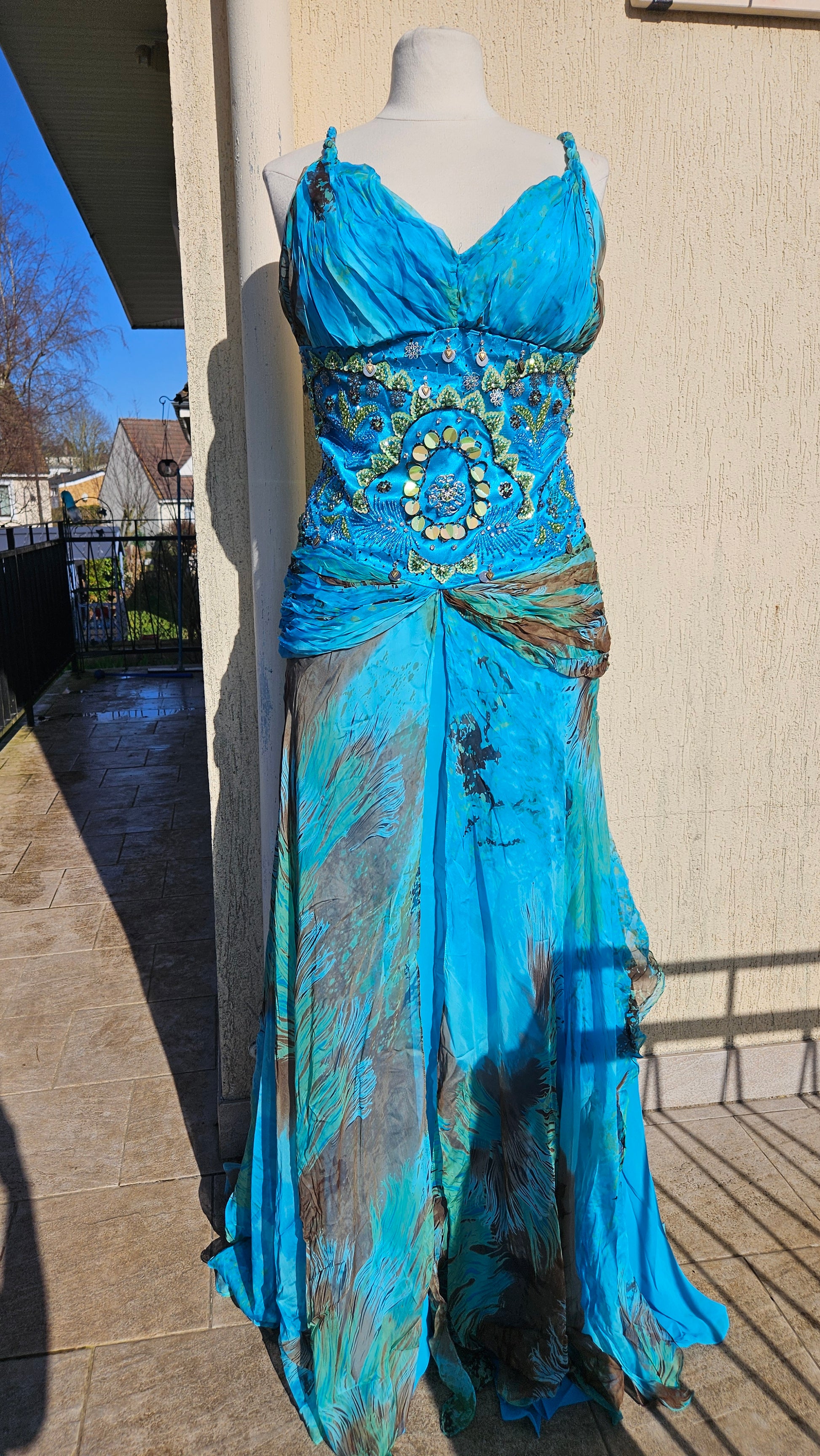 Vintage turquoise beaded evening dress with braided straps and flowing abstract print skirt, dreamy Y2K fairycore prom gown by Lucid Dream 2007.