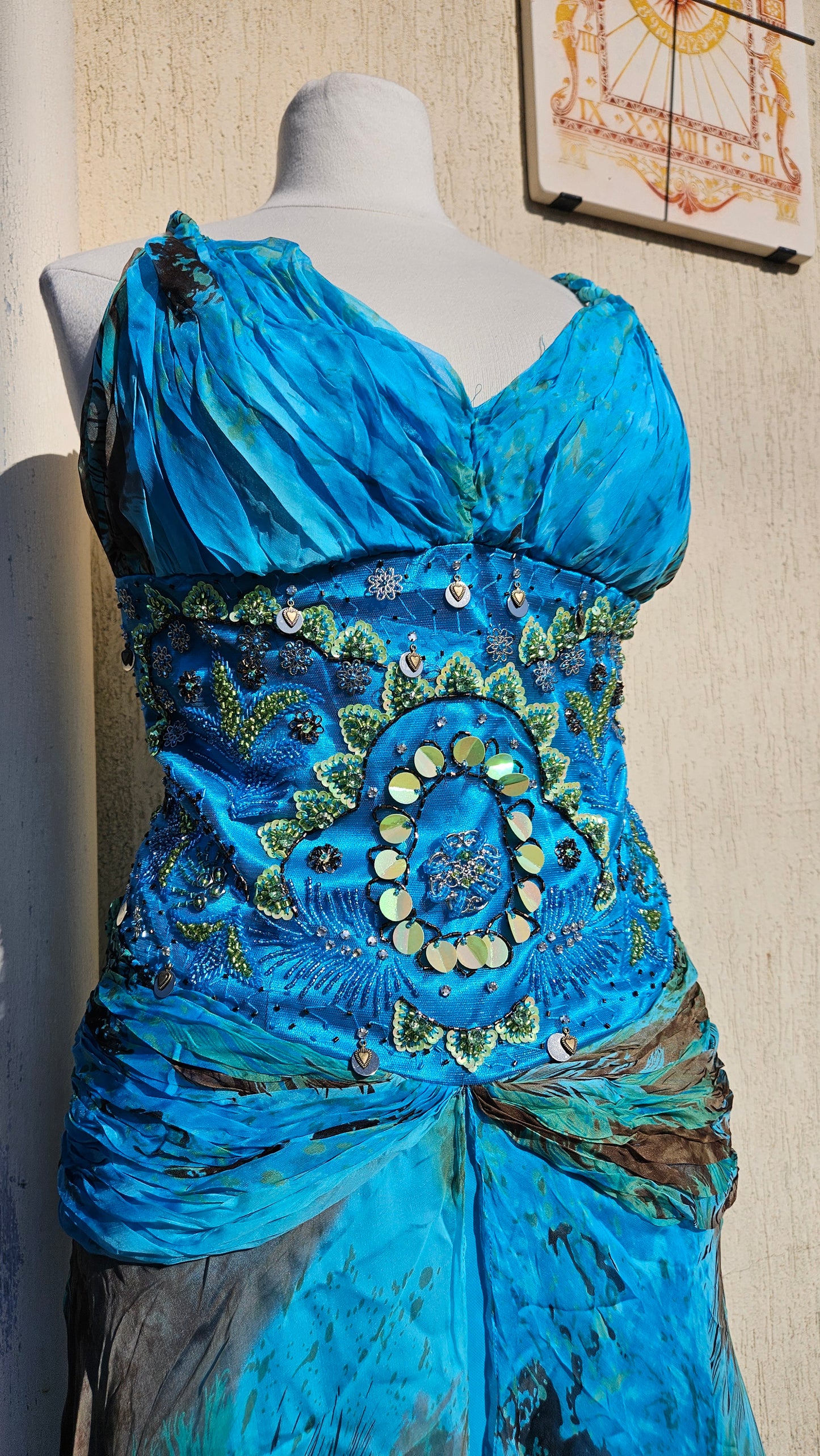 Long blue embroidered silk dress