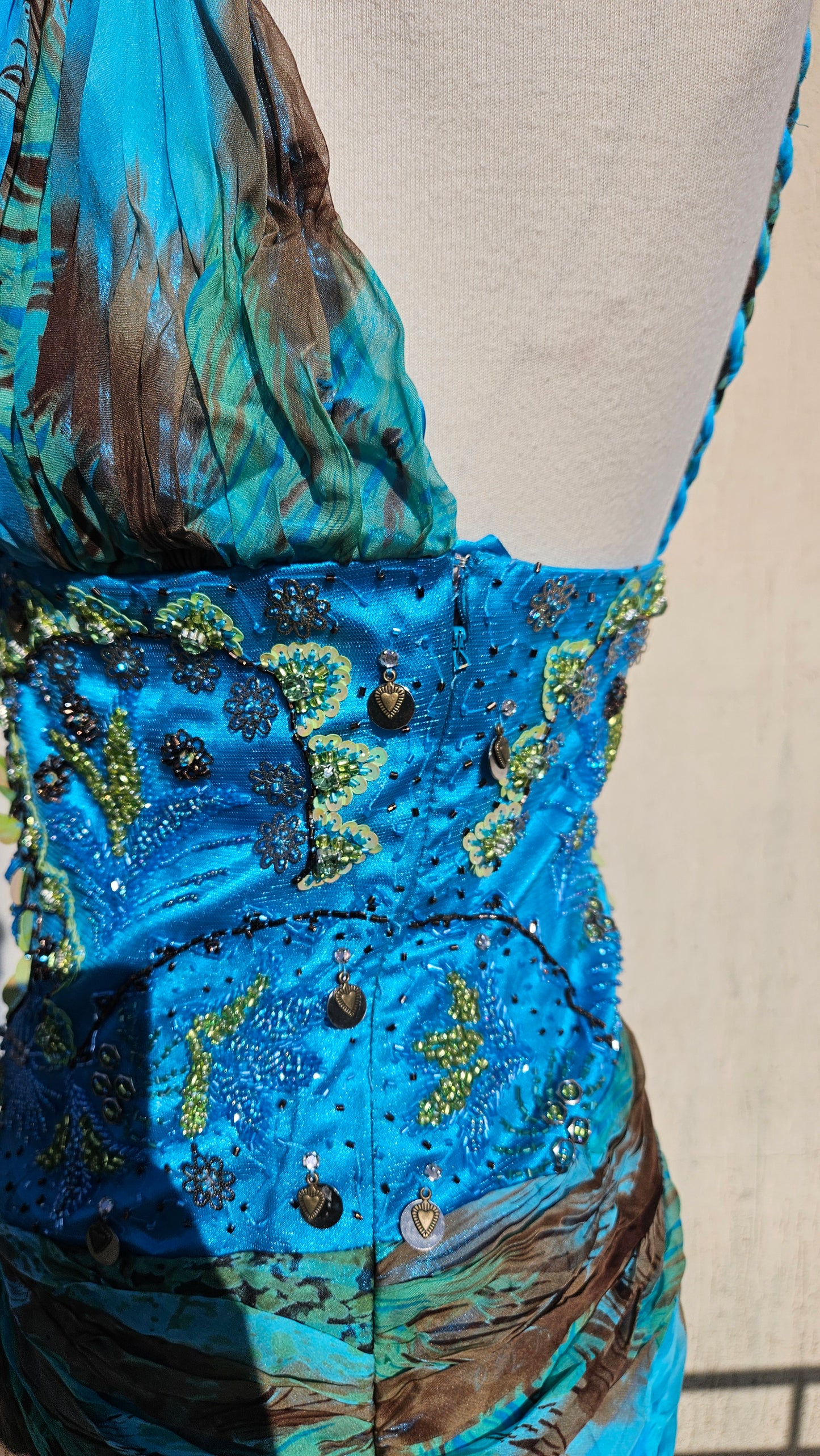 Long blue embroidered silk dress