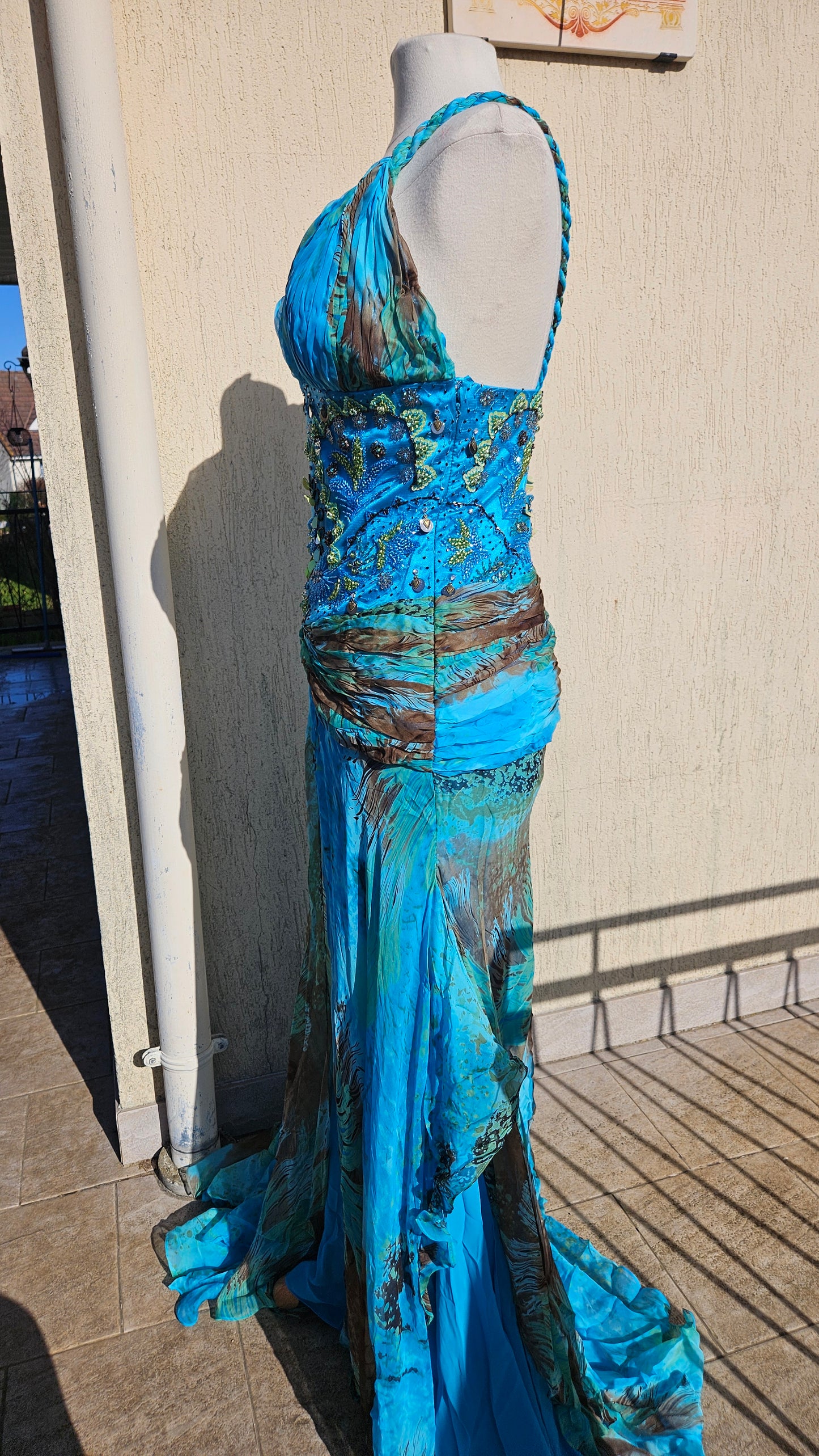 Long blue embroidered silk dress