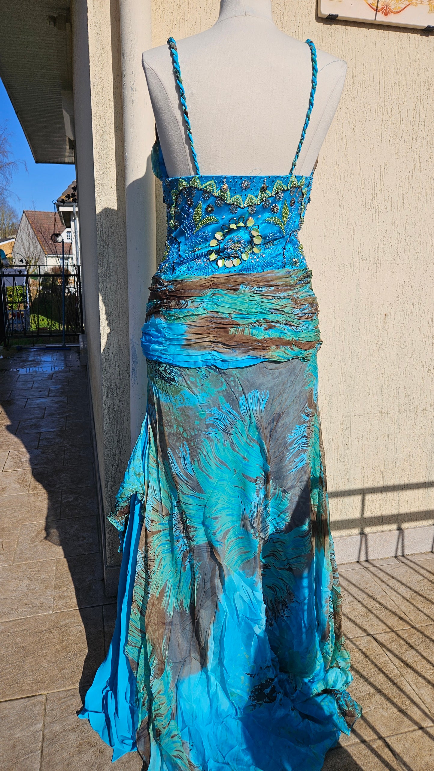 Long blue embroidered silk dress