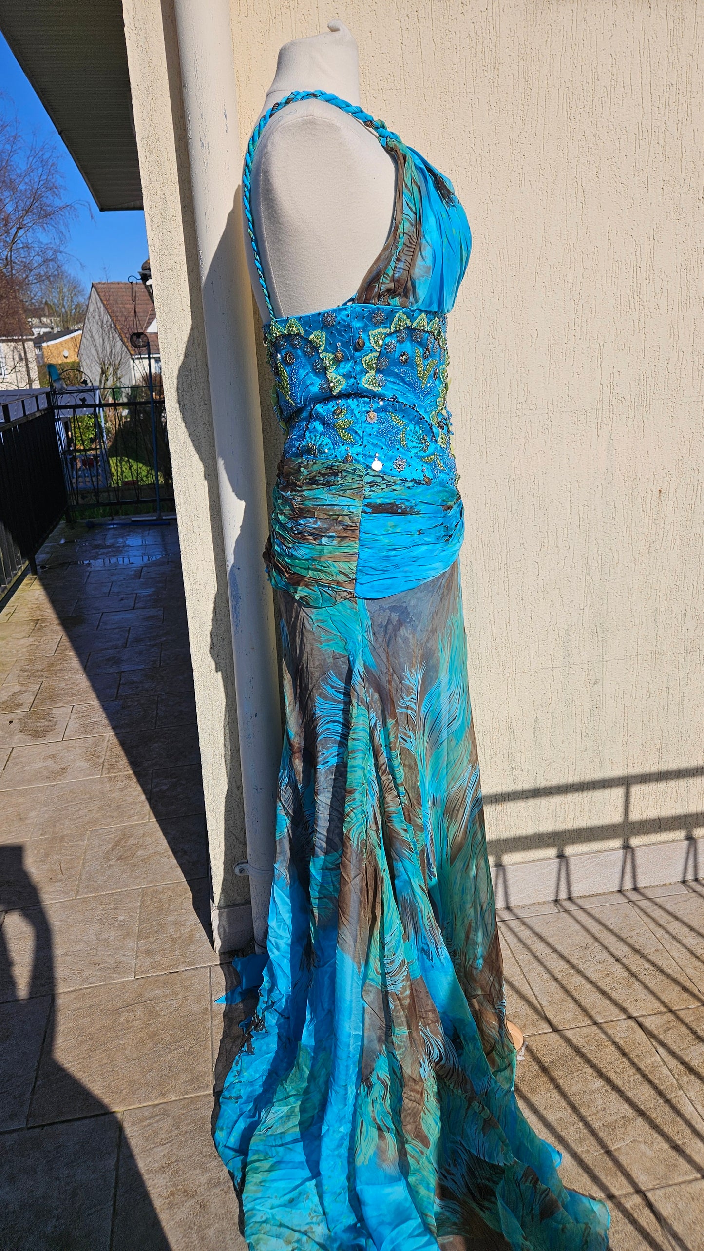 Long blue embroidered silk dress
