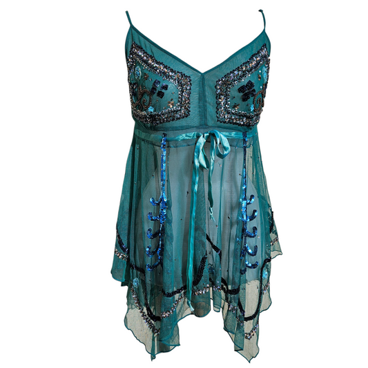 Vintage turquoise beaded fairycore dress with sequins and sheer layers, dreamy Y2K ethereal top, whimsigoth and reverie inspired statement piece.