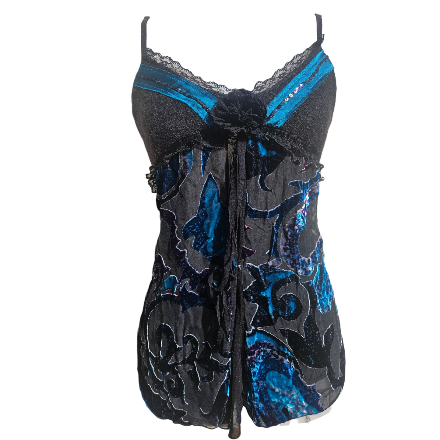 Vintage black and blue velvet burnout camisole with lace trim and gothic floral details, dreamy whimsigoth Y2K top by Lucid Dream 2007.