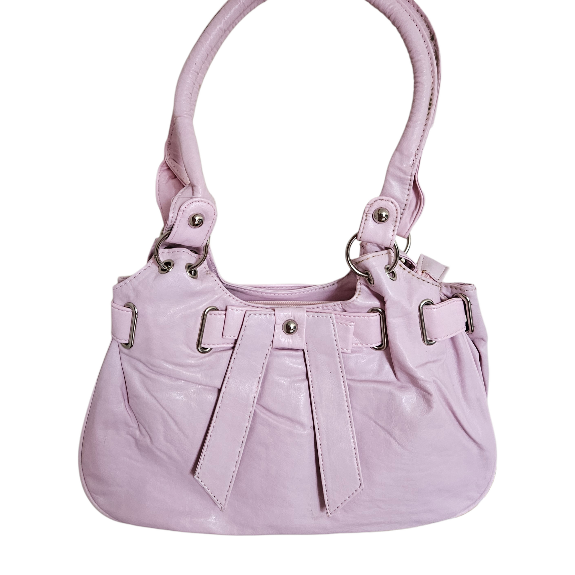 Vintage pastel pink Y2K handbag with silver hardware and decorative straps, cute coquette fairycore aesthetic shoulder bag.