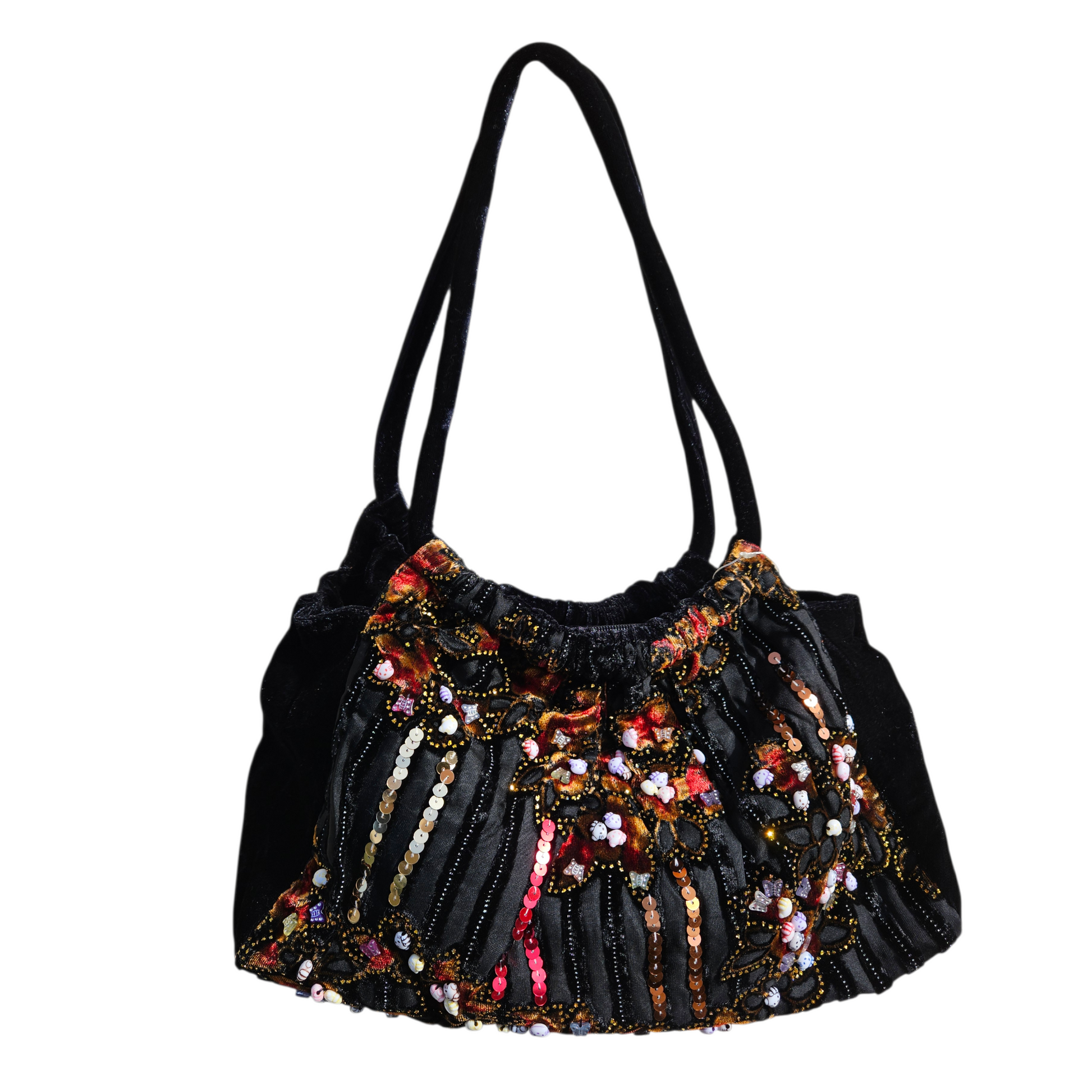 Vintage black embroidered sequin handbag with floral beadwork and velvet straps, whimsical Y2K fairycore evening bag.