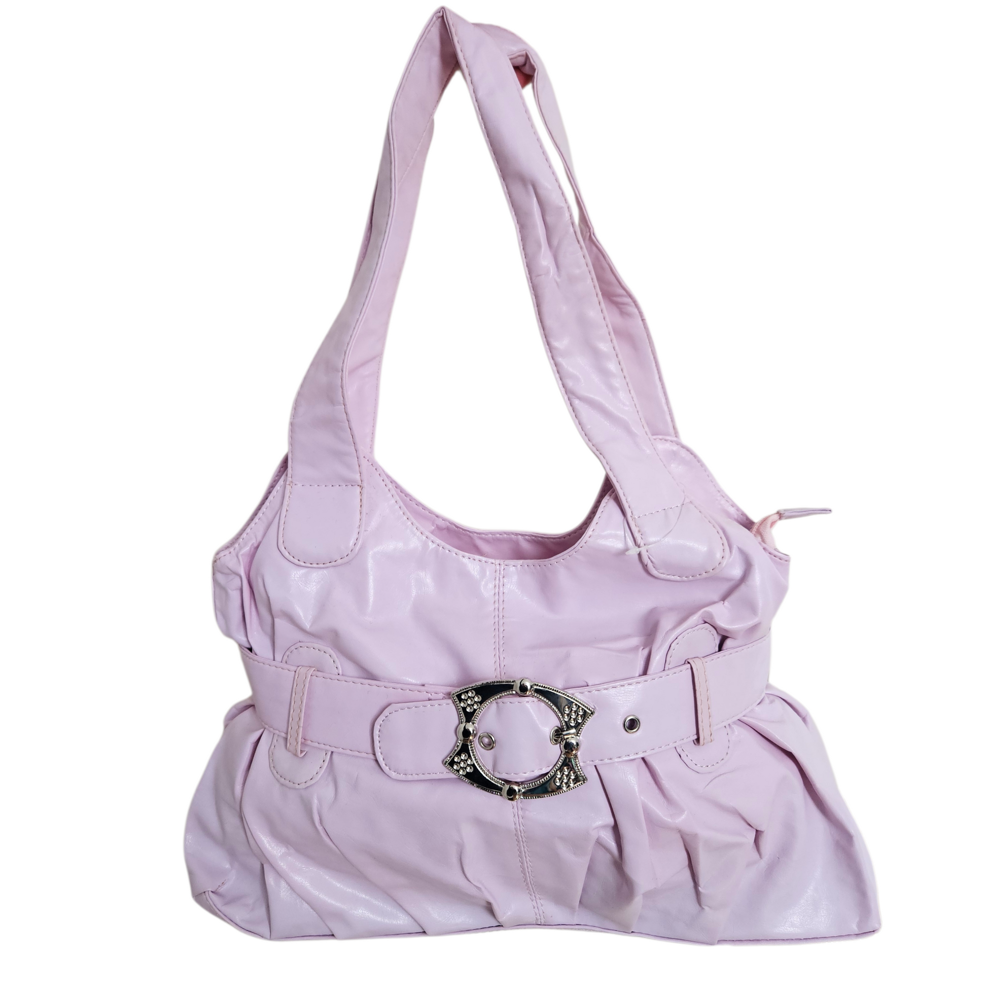 Vintage pastel pink Y2K handbag with decorative belt buckle and soft pleated silhouette, cute coquette and fairycore aesthetic shoulder bag.