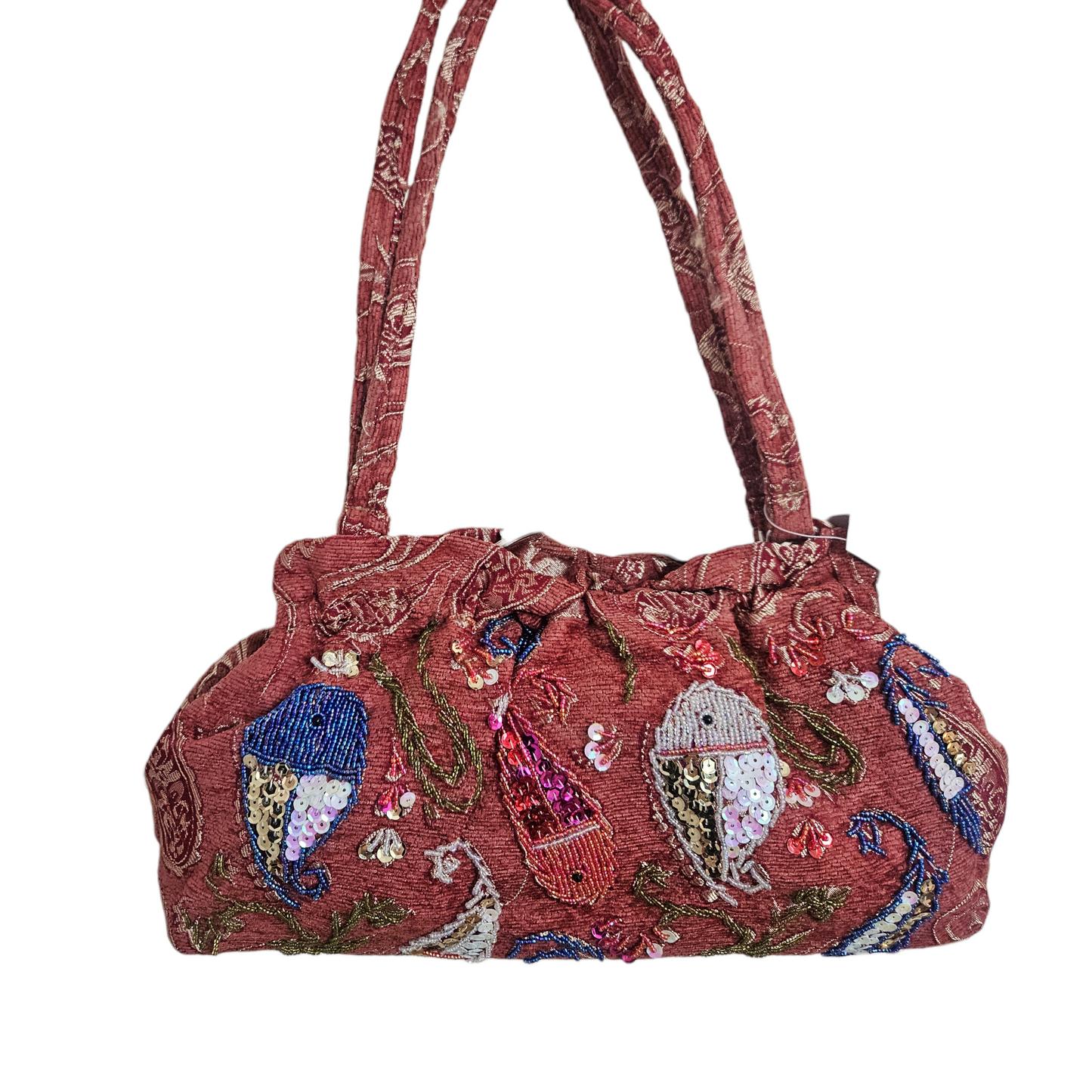 Vintage embroidered tapestry handbag with colorful sequin fish design and kiss-lock clasp, whimsical fairycore and Y2K bohemian aesthetic bag.