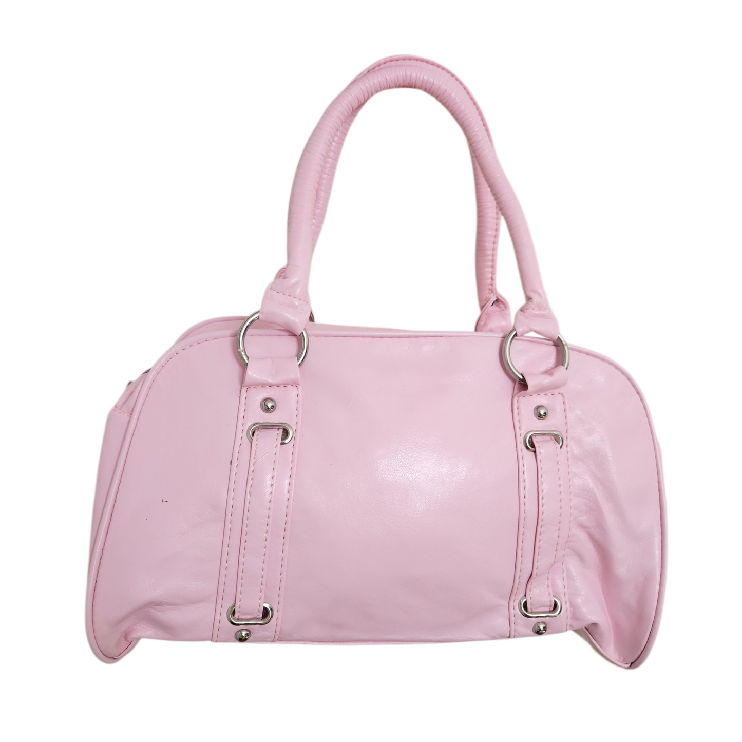 Vintage pink Y2K handbag with silver hardware and structured silhouette, dreamy fairycore and retro coquette aesthetic shoulder bag.