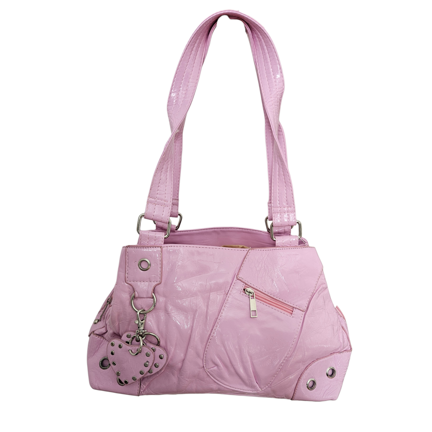 Vintage pink Y2K handbag with glossy texture, silver hardware and heart charm, playful fairycore and retro 2000s aesthetic statement bag.
