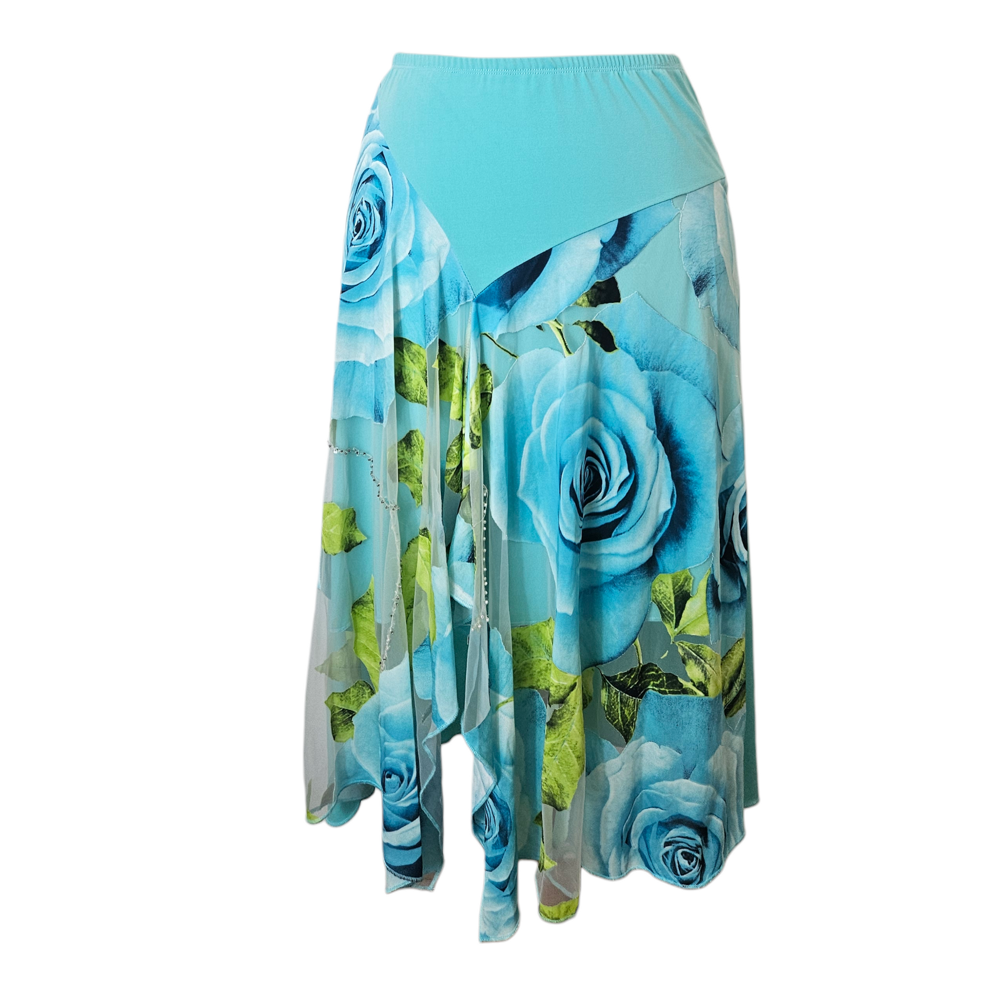 Vintage blue rose asymmetrical midi skirt in flowing viscose, dreamy Y2K fairycore silhouette made in Italy by Lucid Dream 2007.