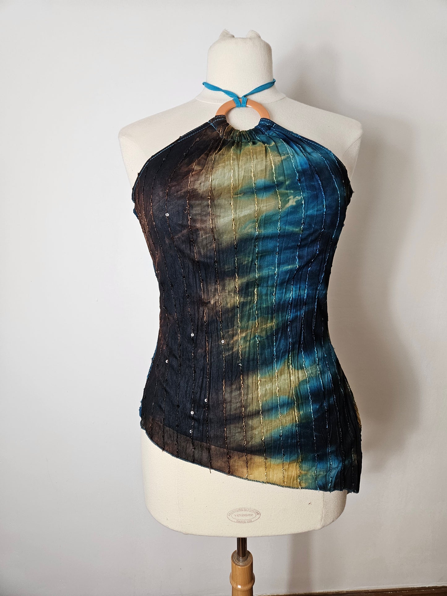 Asymmetric tie-dye top in blue and brown