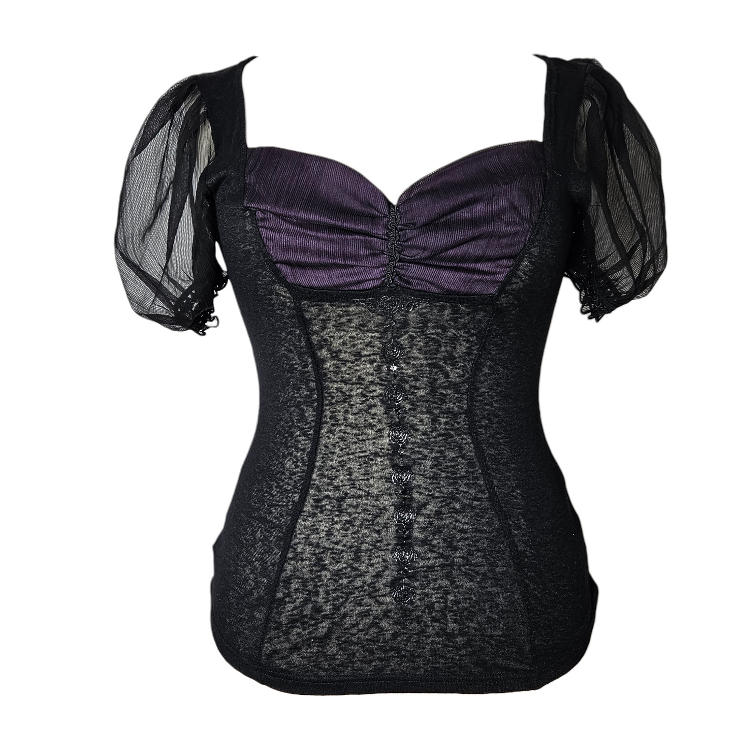 Vintage gothic fairycore mesh top with puff sleeves and purple bust detail, dark y2k whimsigoth aesthetic by Lucid Dream 2007