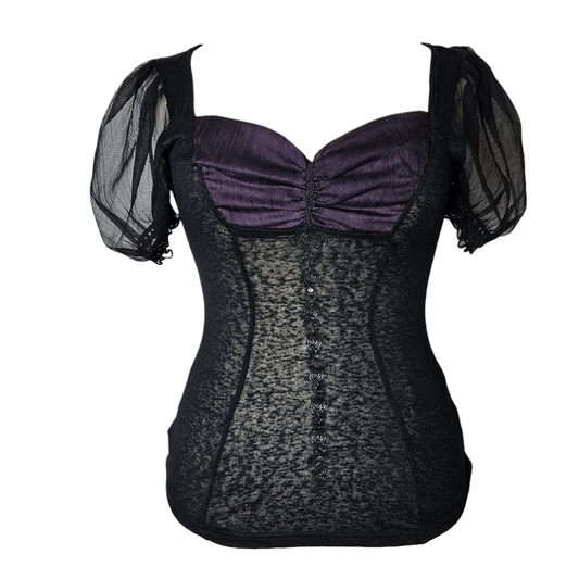 Vintage gothic fairycore mesh top with puff sleeves and purple bust detail, dark y2k whimsigoth aesthetic by Lucid Dream 2007