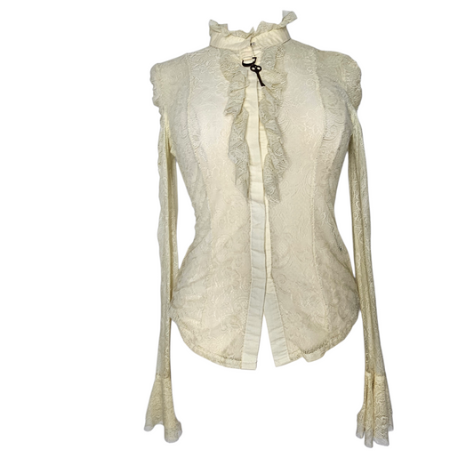 Ivory lace gothic blouse with key closure and high collar, romantic fairycore Y2K whimsigoth top with ethereal vintage silhouette.