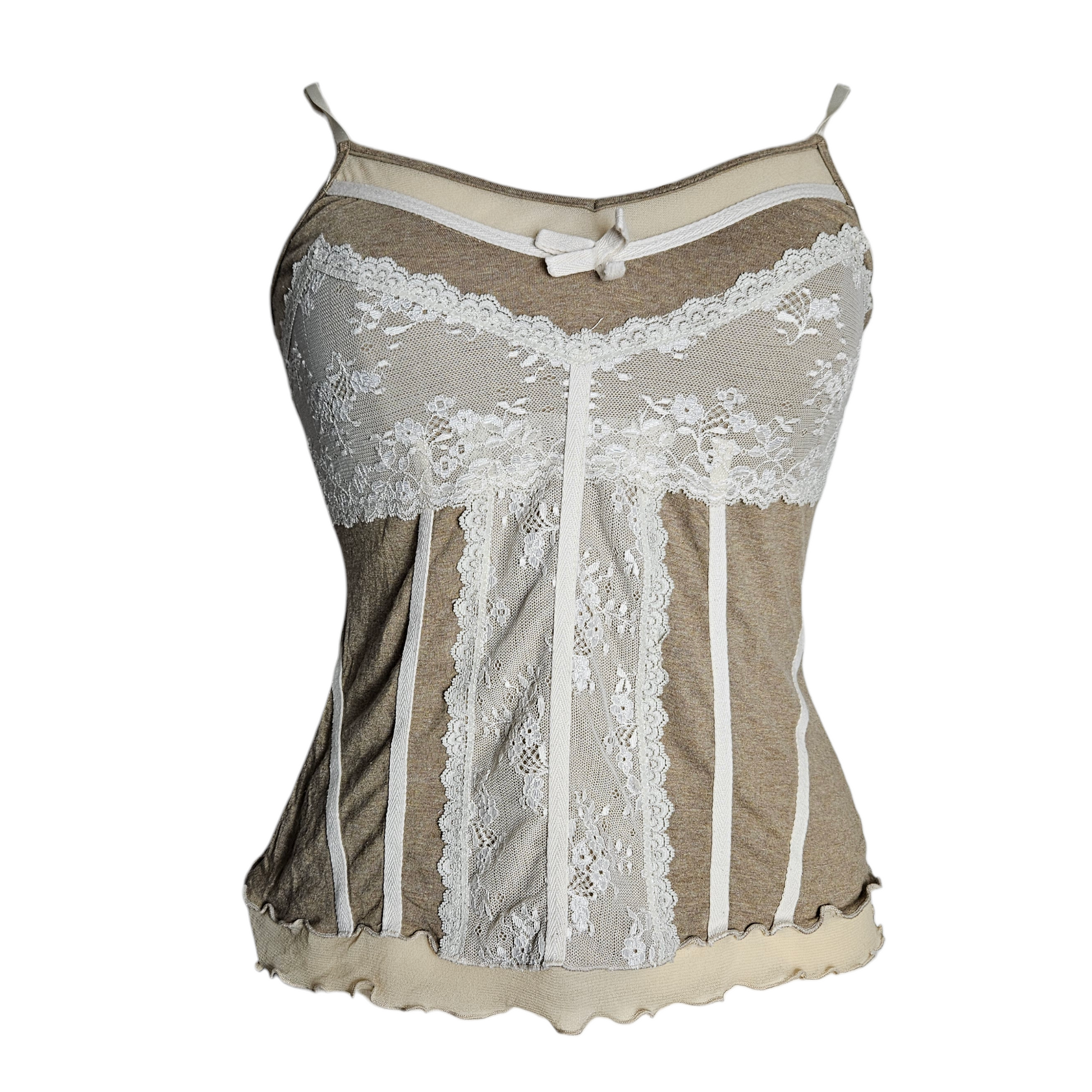 Vintage fairycore lace camisole top with soft beige tones and delicate white lace panels, romantic Y2K lingerie-inspired aesthetic by Lucid Dream 2007