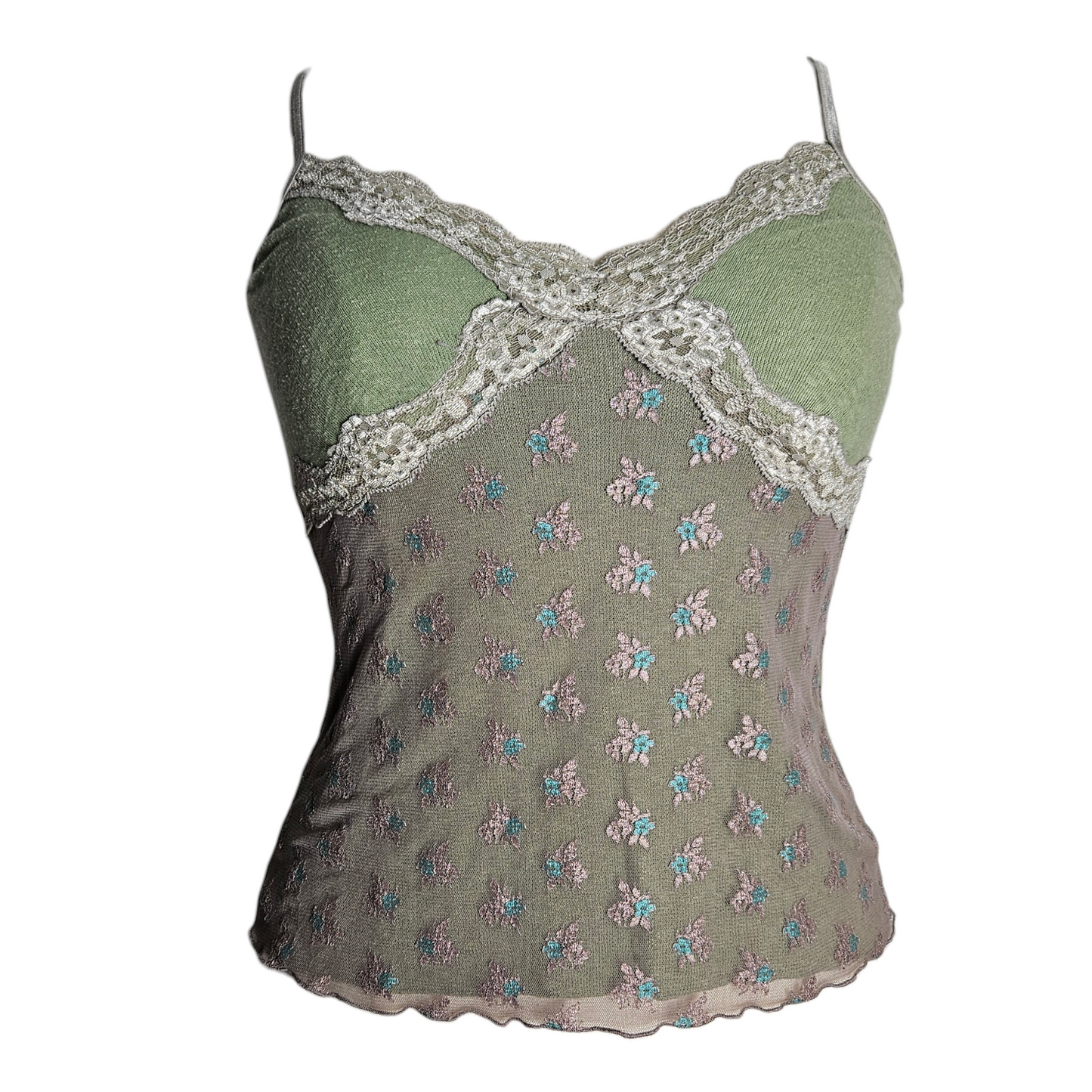 Vintage fairycore mesh cami top with lace trim and delicate floral embroidery, soft y2k romantic aesthetic by Lucid Dream 2007