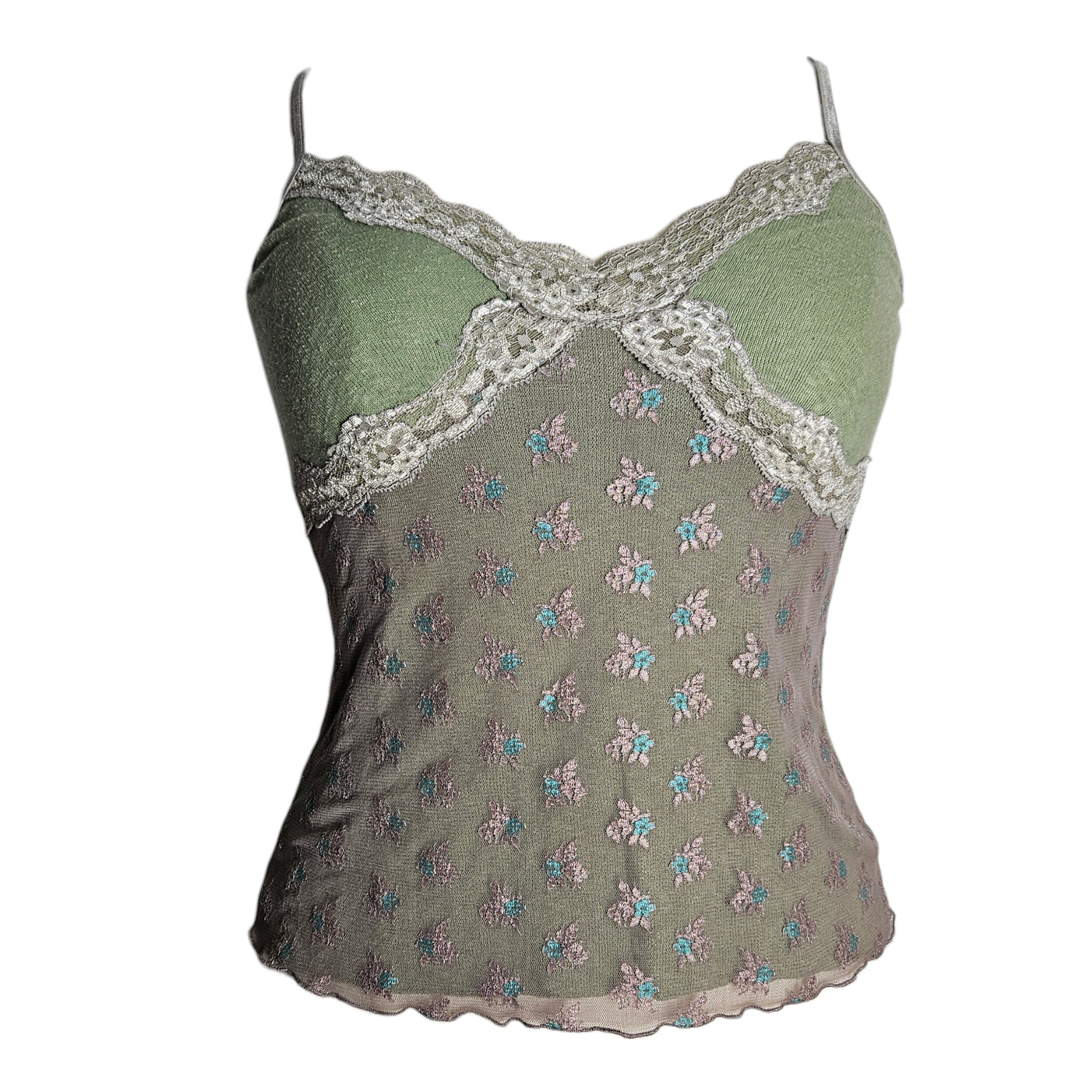 Vintage fairycore mesh cami top with lace trim and delicate floral embroidery, soft y2k romantic aesthetic by Lucid Dream 2007
