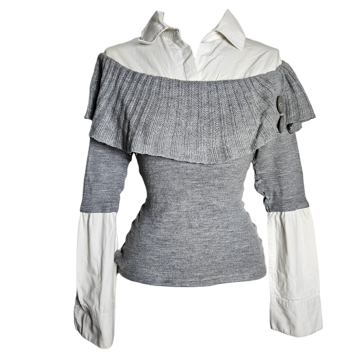 Vintage layered knit top with grey ruffle neckline and white shirt sleeves, chic Y2K preppy aesthetic by Lucid Dream 2007.